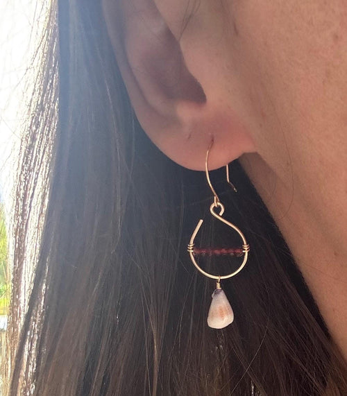 Cone Shell Earrings - Red Garnet - Handmade - 14K Gold Filled - Beach Jewelry