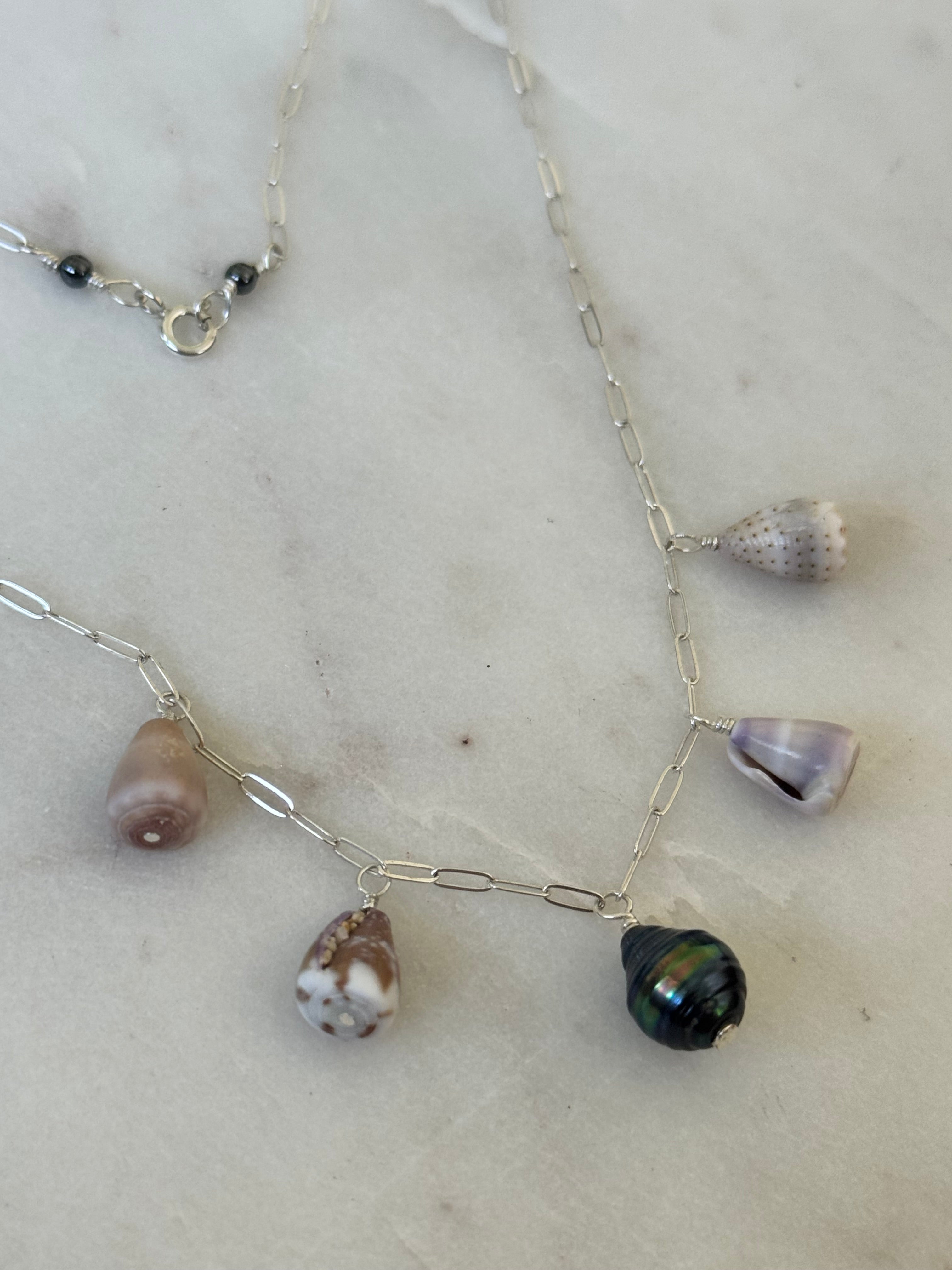 Sterling Silver Necklace with Tahiatian Pearl and Hawaiian Cone Shells