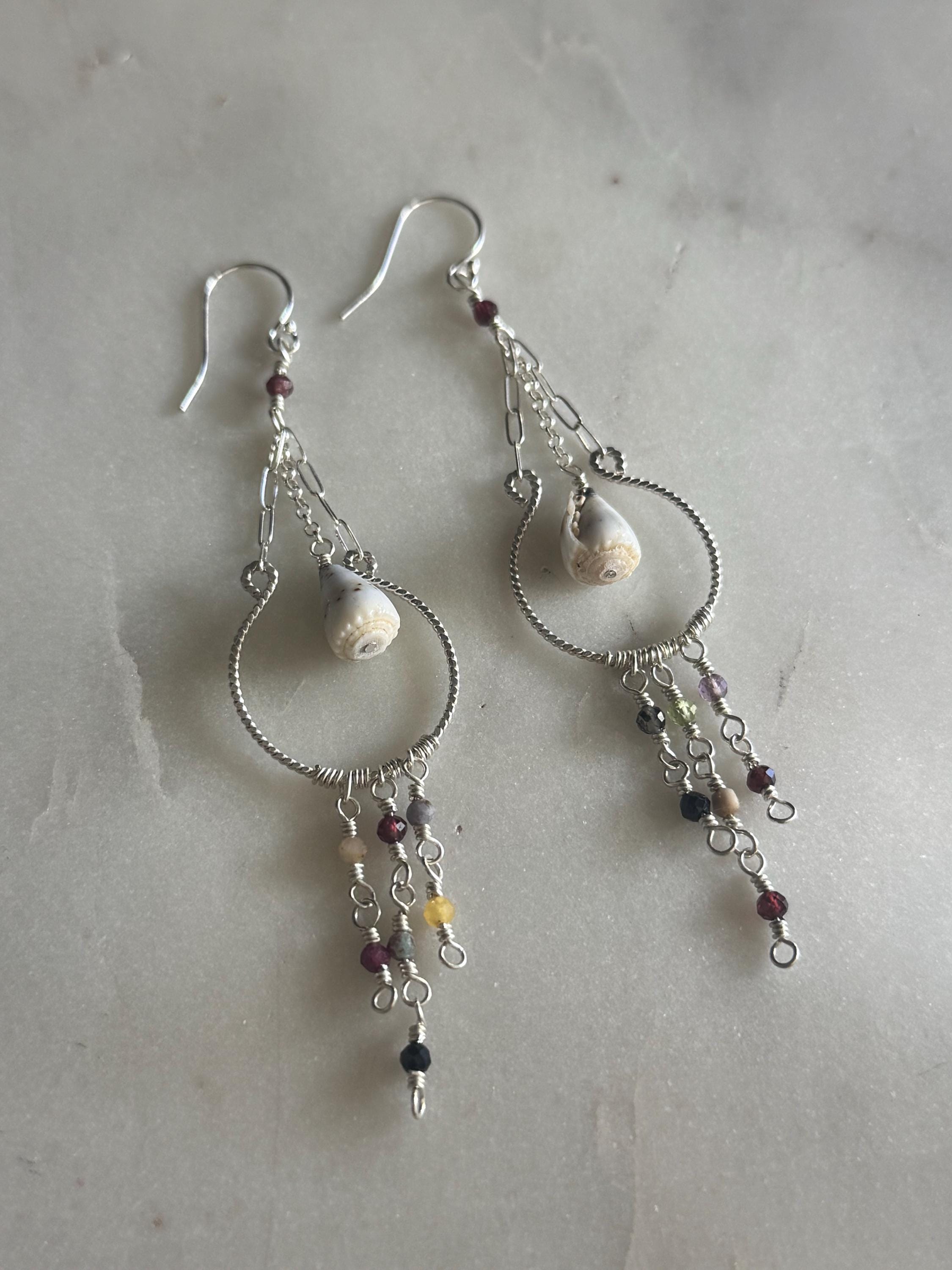 Dangly Sterling Silver Chandelier Earrings with Tourmaline Gemstones and Cone Shells