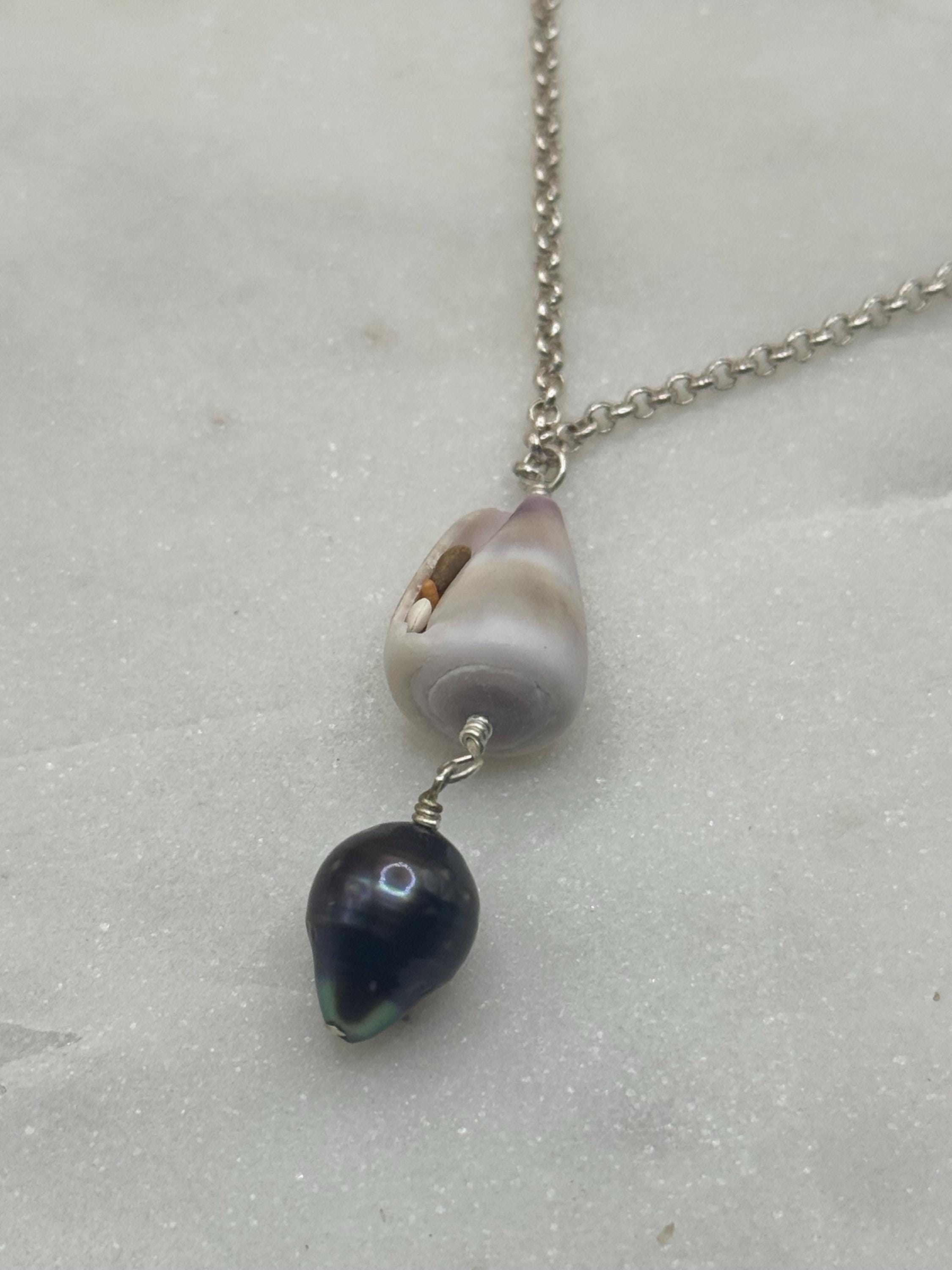 Sterling Silver Cone Shell Necklace with Tahitian pearl - Beach Jewelry - handmade in Hawaii