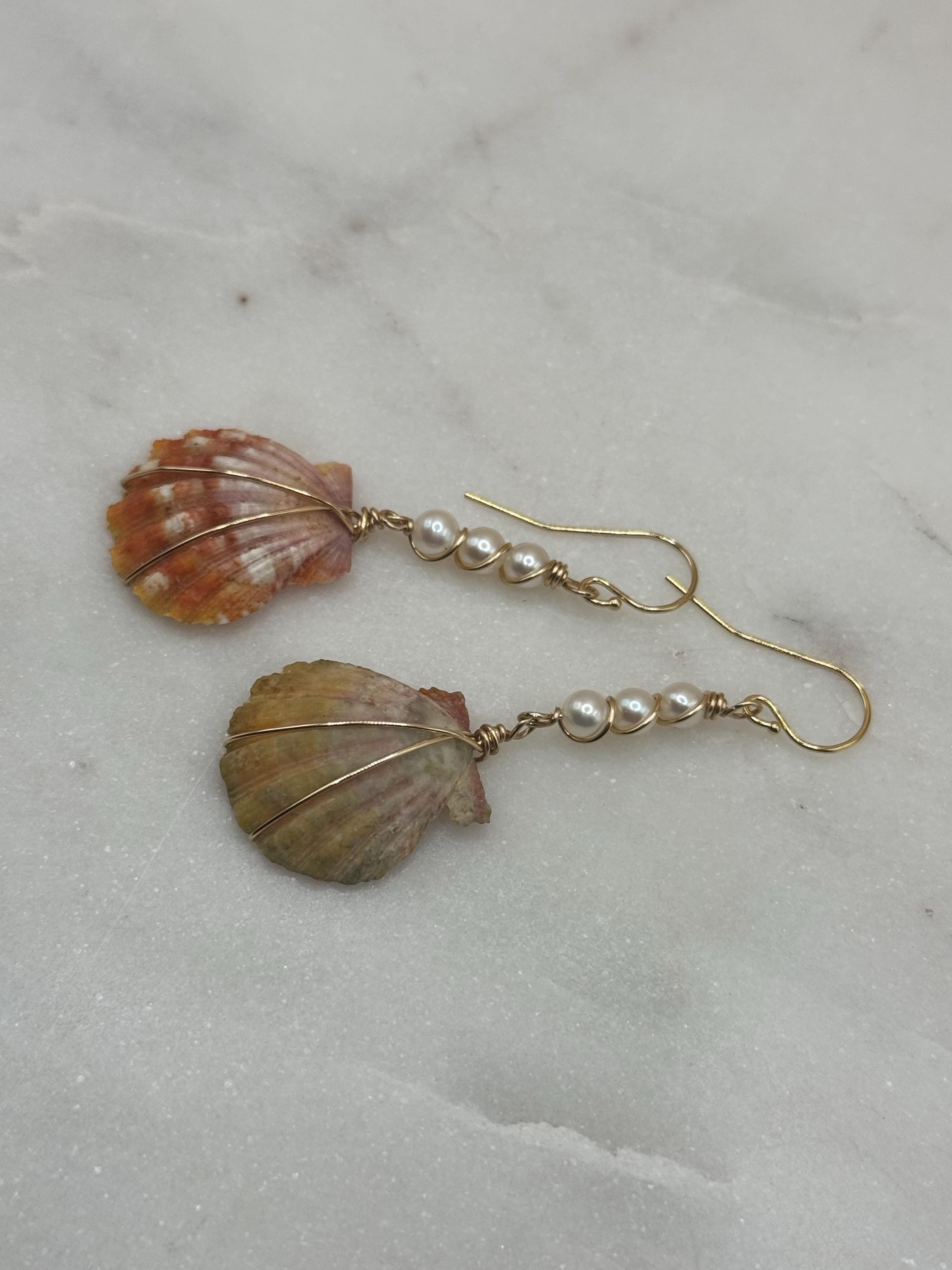 Hawaiian Sunrise Shell Earrings - True Pair - 14K gold filled - handmade - rare - Beach Jewelry