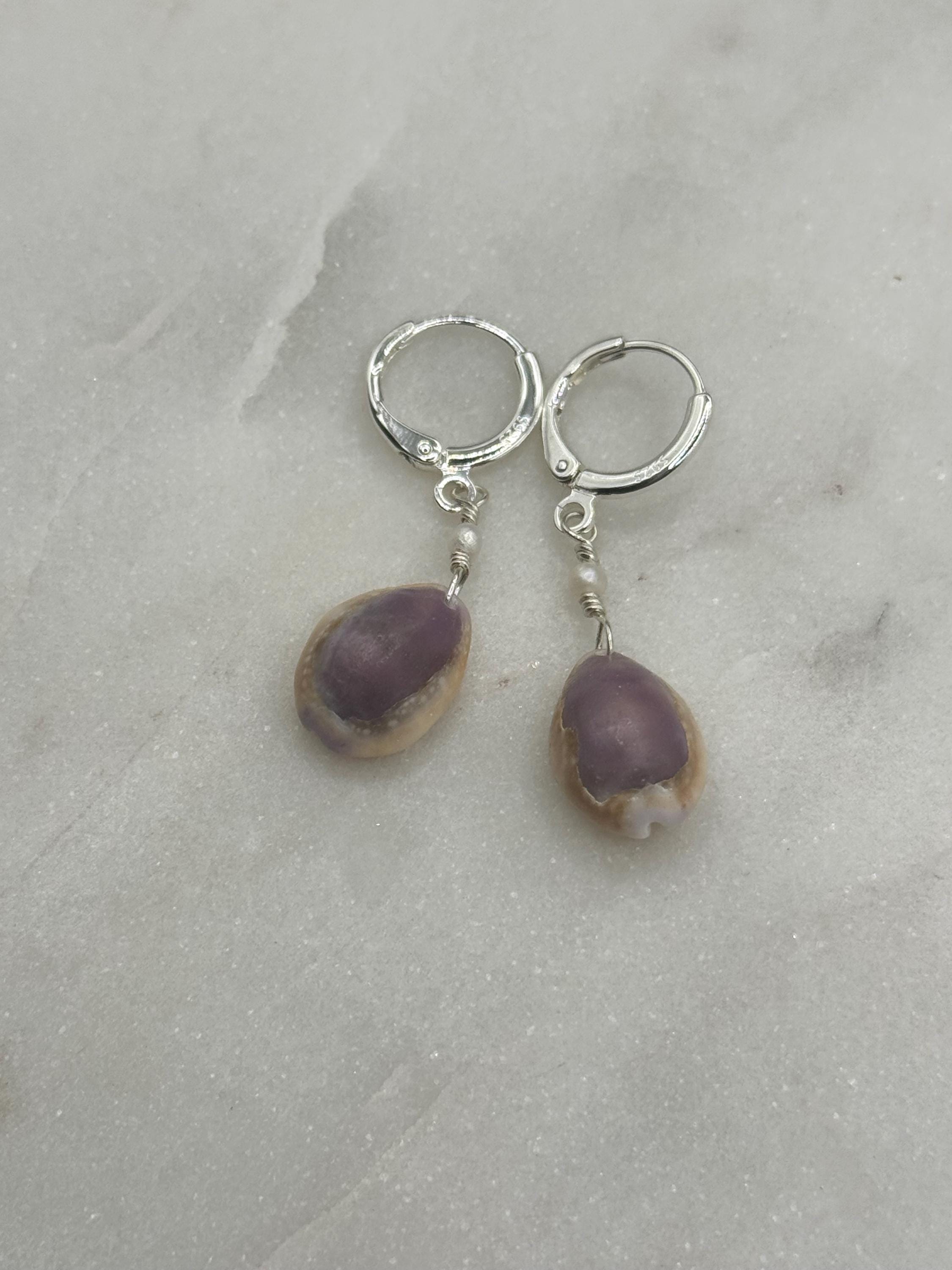 Pink Cowrie Shell Huggies - Sterling Silver - made in Hawaii - Beach Jewelry - Shell Earrings