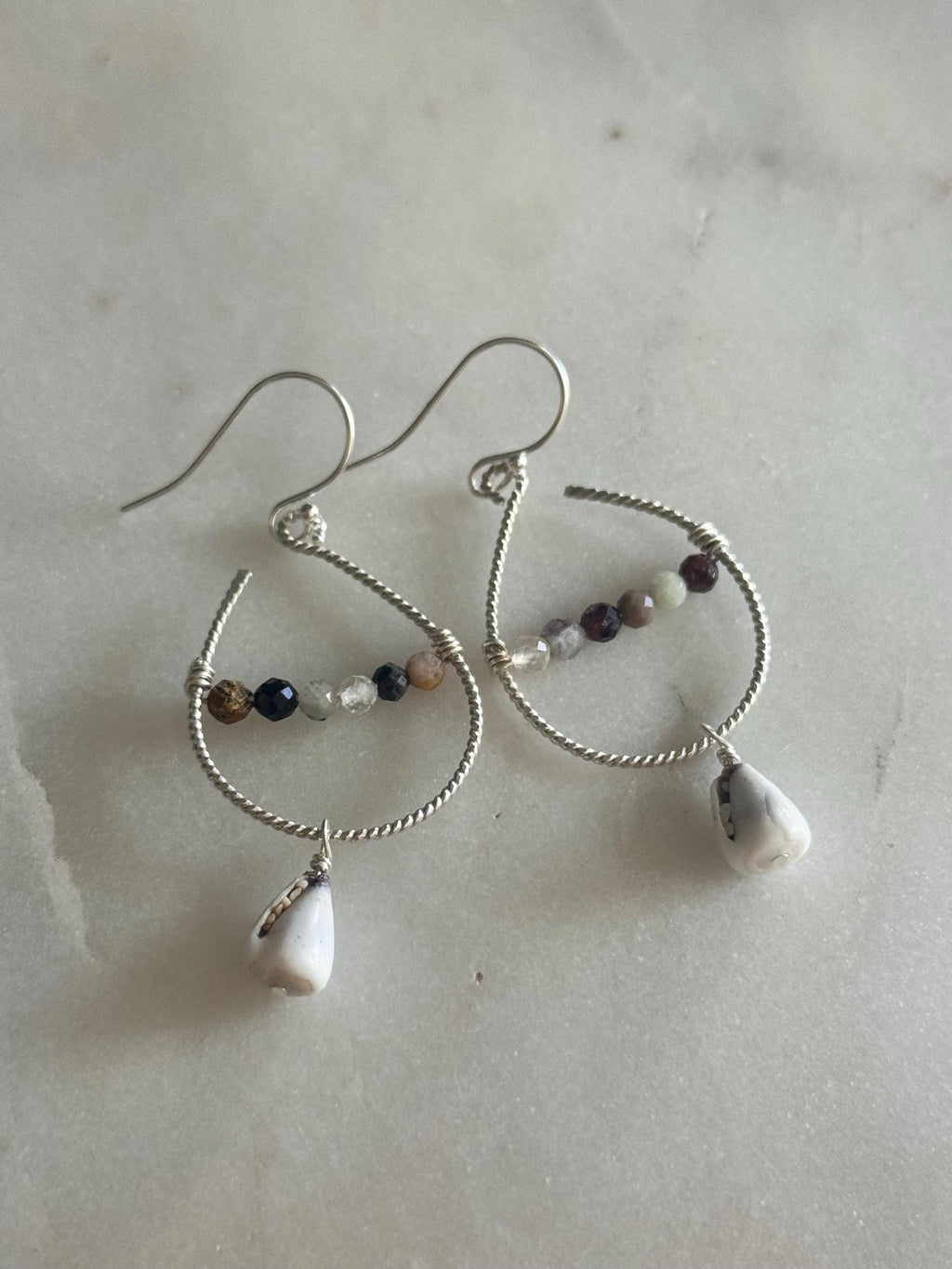 Dangly Sterling Silver Tourmaline and Cone Shell Earrings