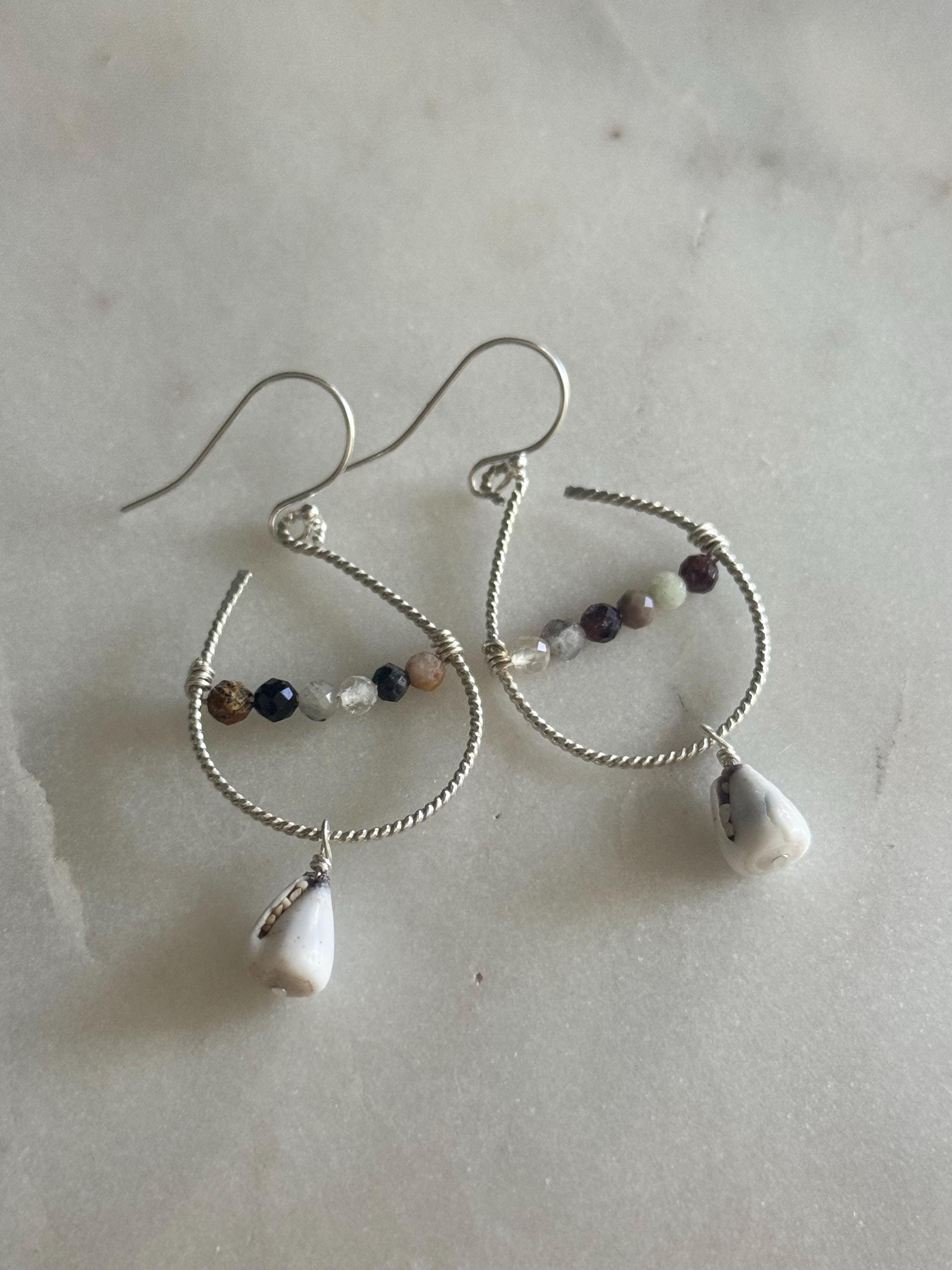 Dangly Sterling Silver Tourmaline and Cone Shell Earrings