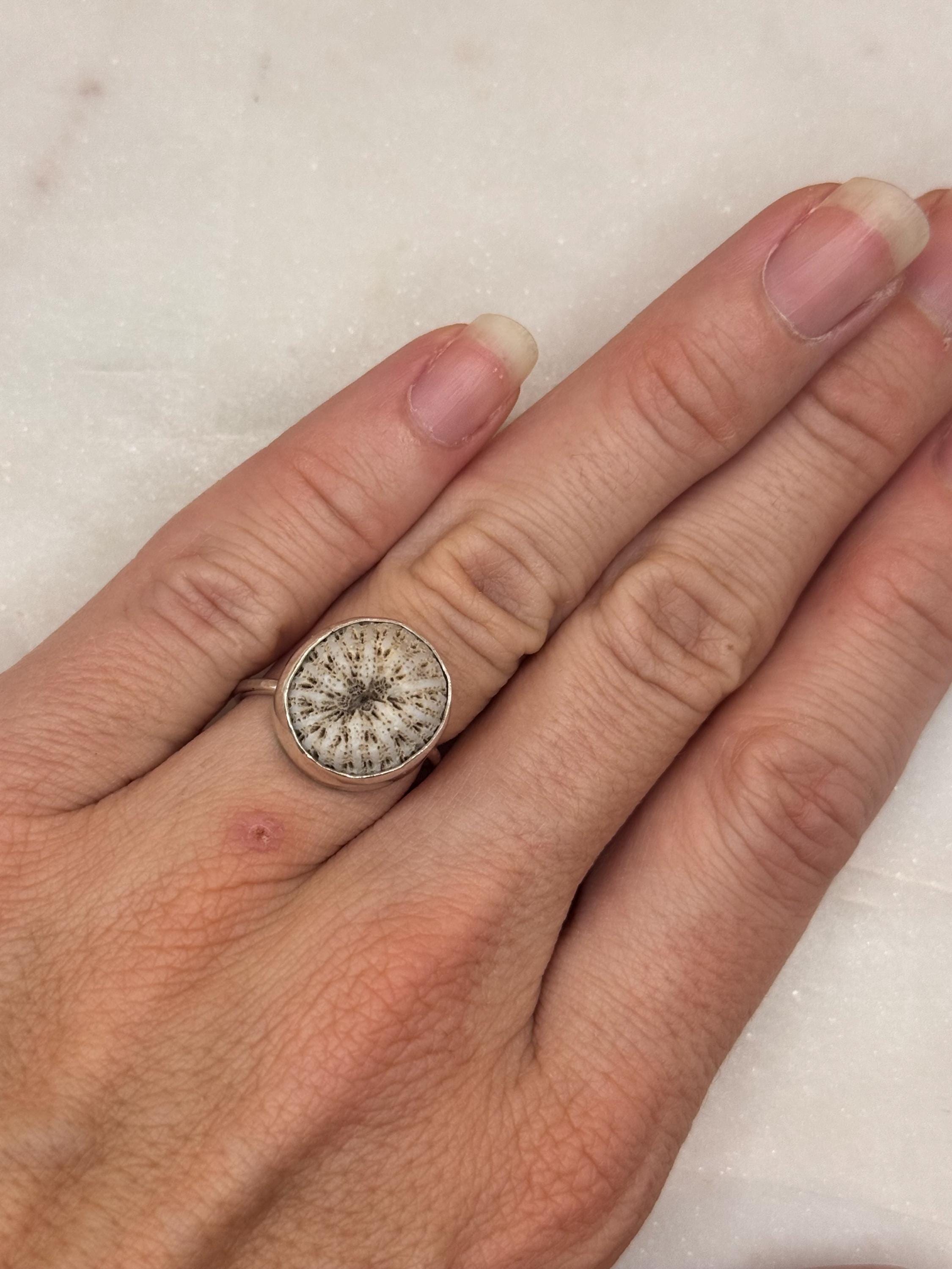 Sterling Silver Coral Bezel Ring - size 5 - Handmade in Hawaii - Beach Jewelry