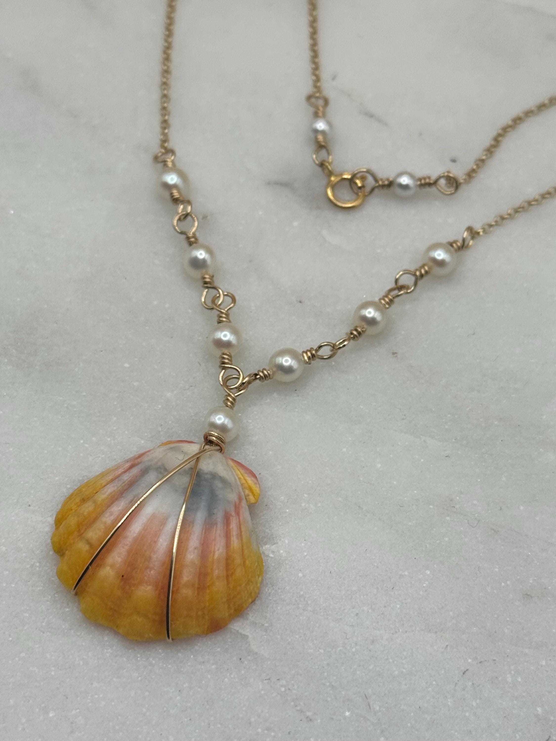 Hawaiian Sunrise Shell Necklace - 14k gold filled - Beach Jewelry - Pearls - made in Hawaii