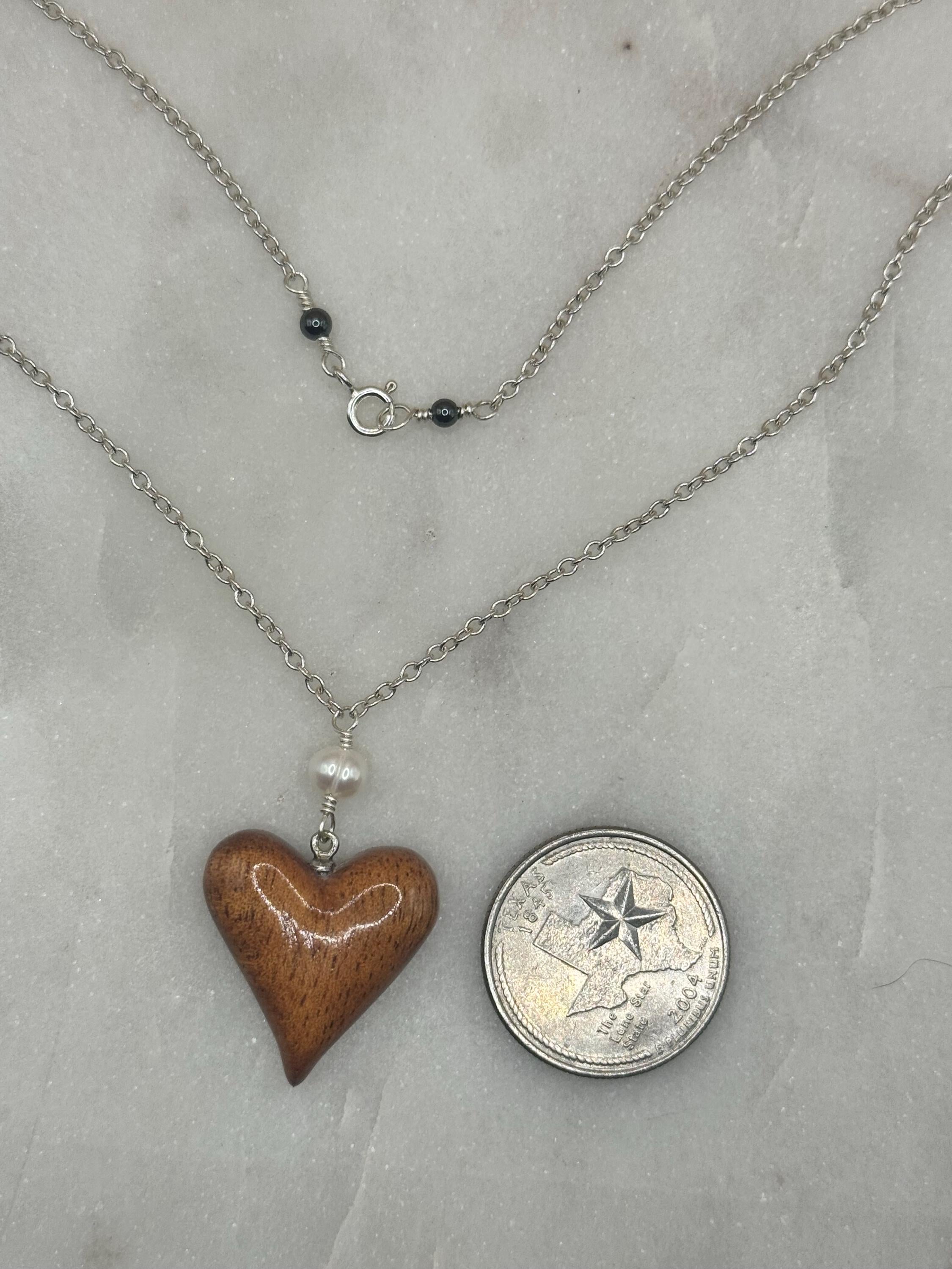 Sterling Silver Koa Wood Heart Necklace - made in Hawaii