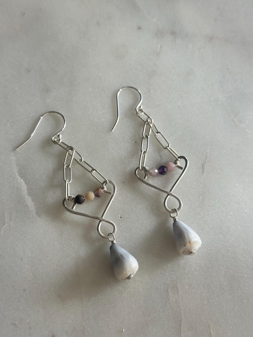 Dangly Sterling Silver Tourmaline and Cone Shell Earrings