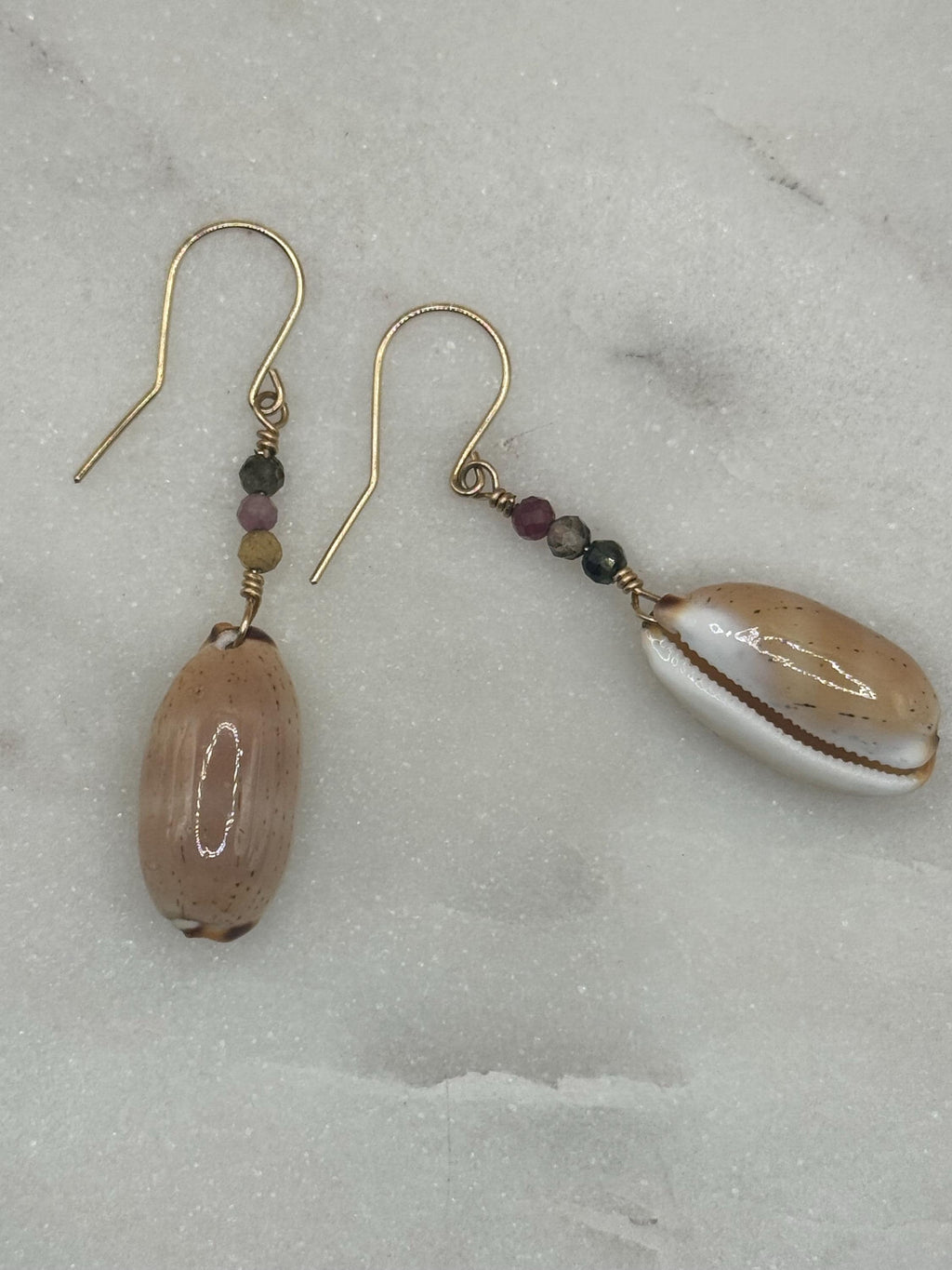 14K gold filled Isabella Cowrie Earrings with Tourmaline Gemstones