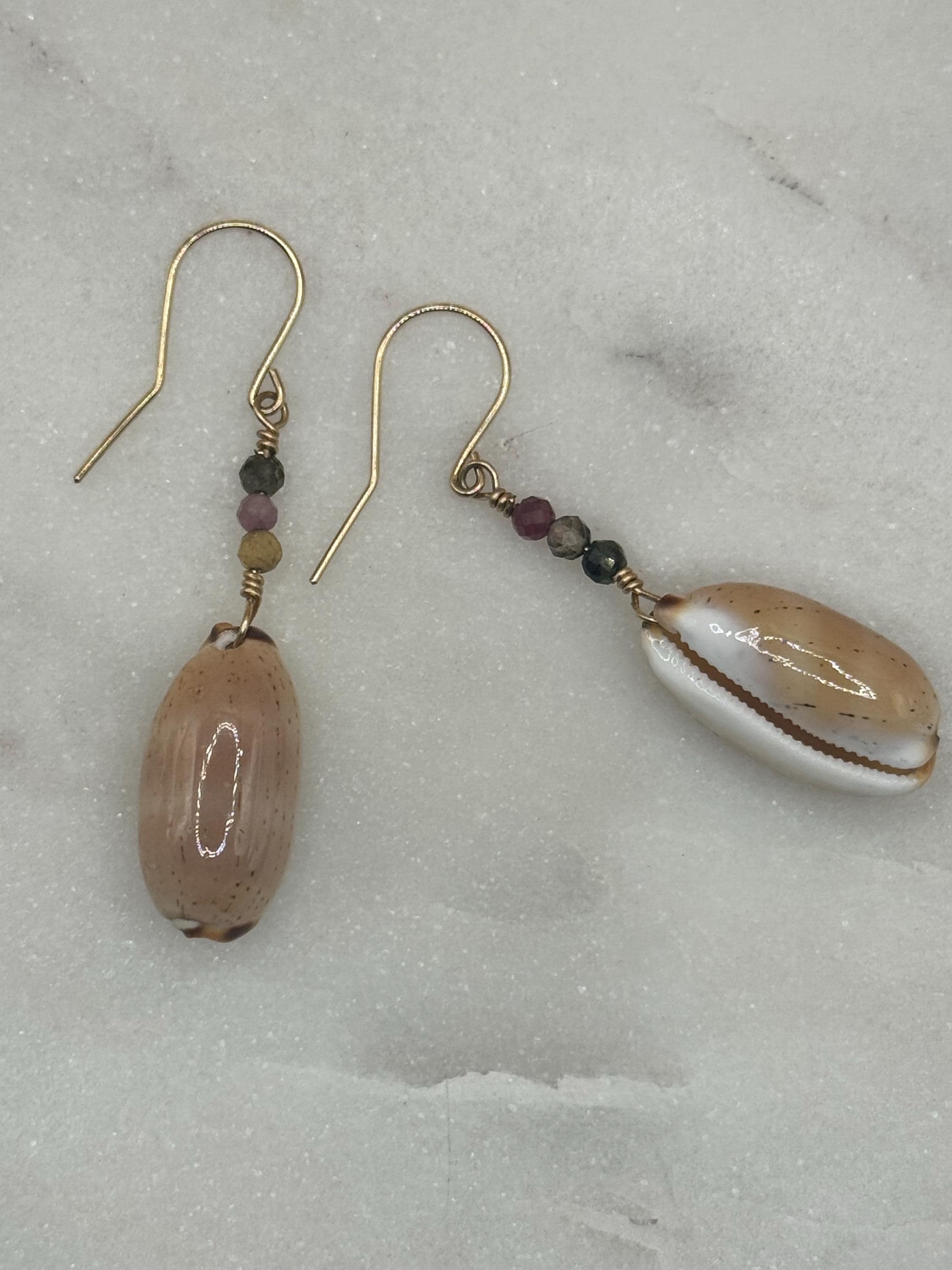 14K gold filled Isabella Cowrie Earrings with Tourmaline Gemstones