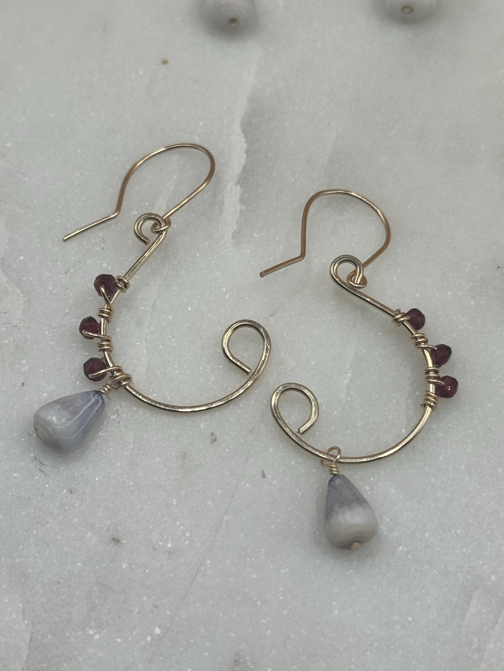 Handmade 14K Gold Filled Cone Shell Earrings - Garnet Gemstone Beach Jewelry