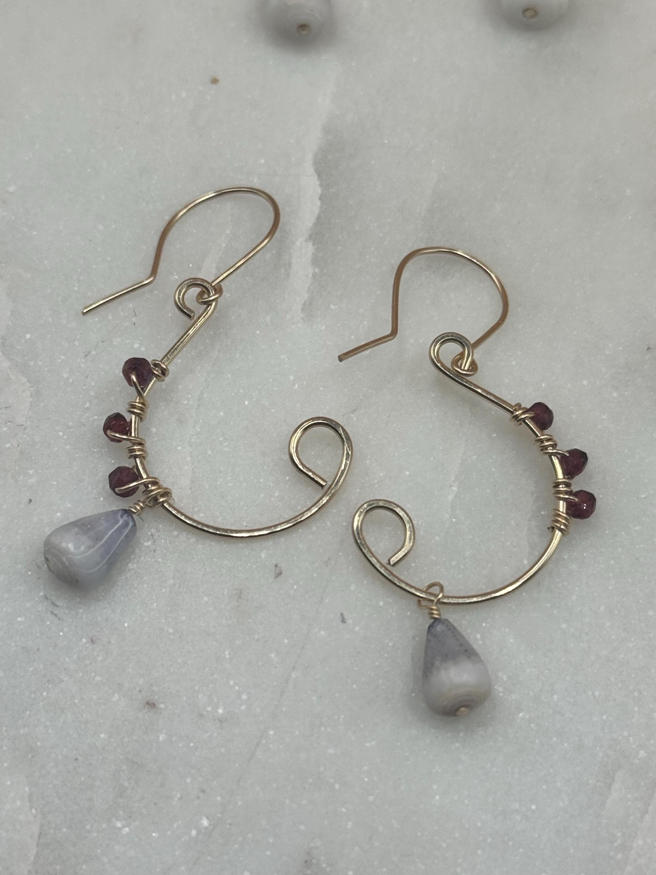 Handmade 14K Gold Filled Cone Shell Earrings - Garnet Gemstone Beach Jewelry