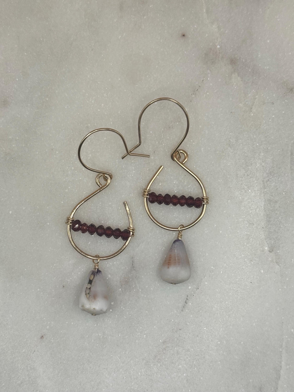 Cone Shell Earrings - Red Garnet - Handmade - 14K Gold Filled - Beach Jewelry