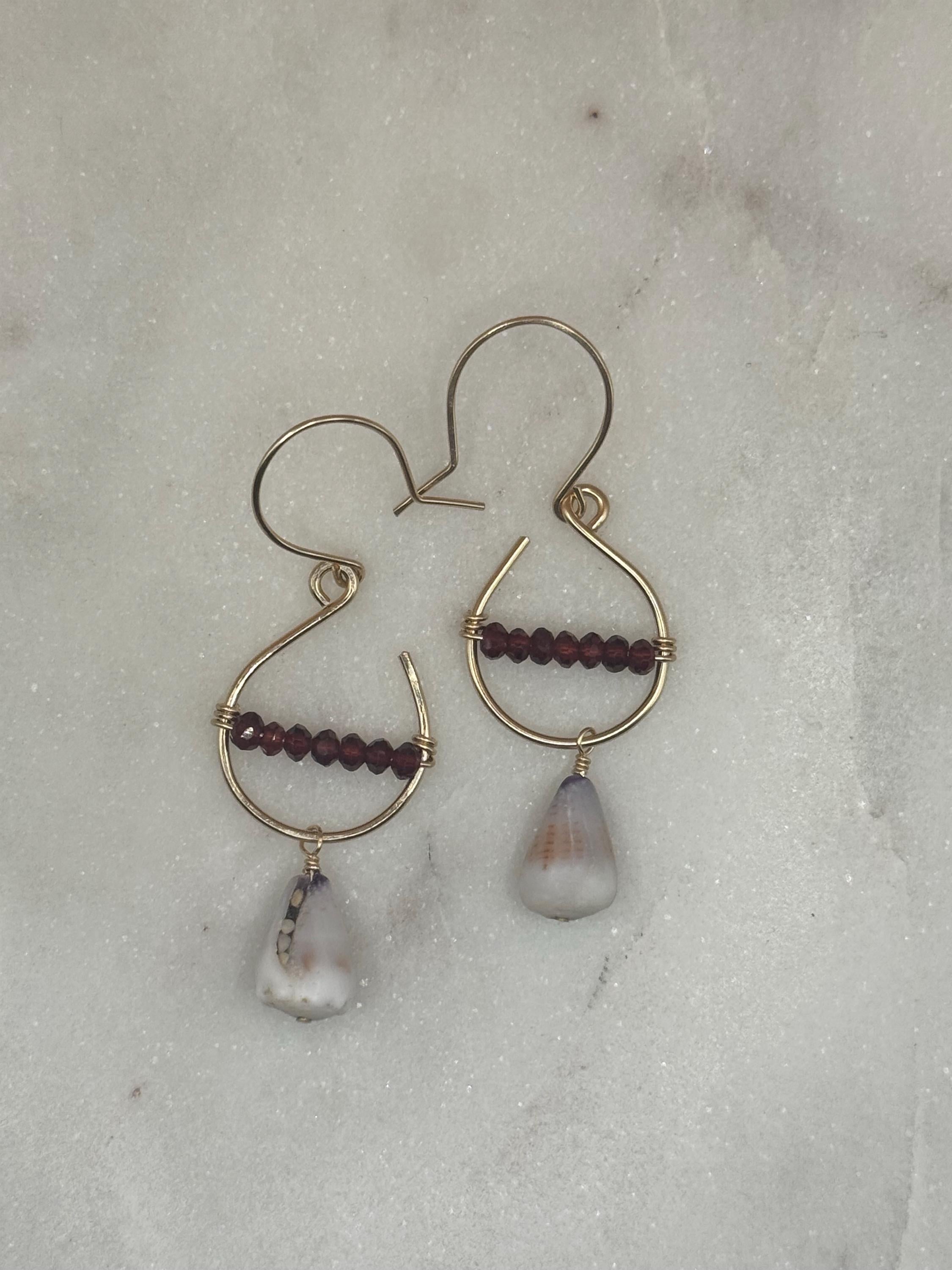 Cone Shell Earrings - Red Garnet - Handmade - 14K Gold Filled - Beach Jewelry