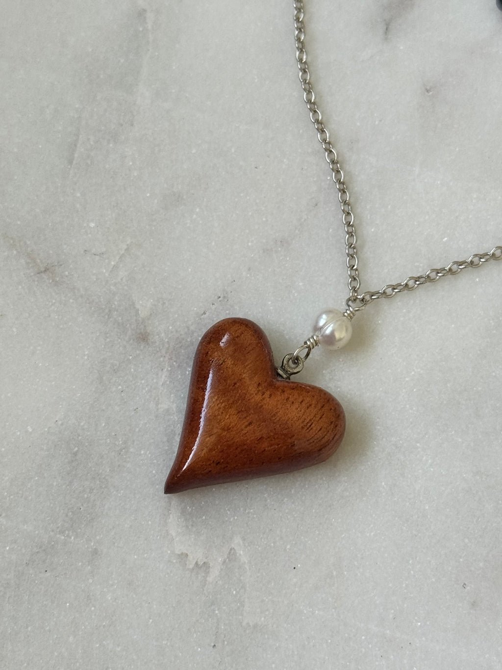 Sterling Silver Koa Wood Heart Necklace - made in Hawaii