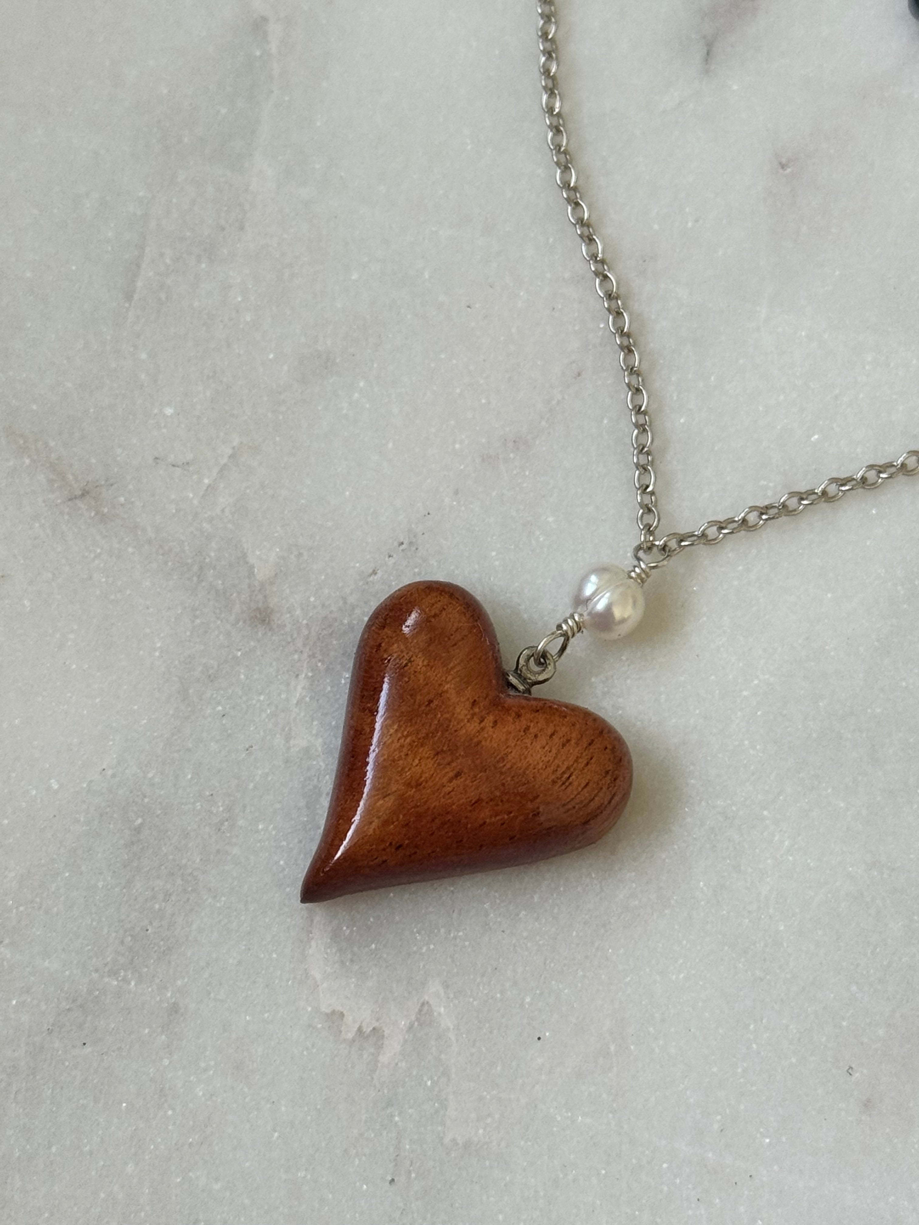 Sterling Silver Koa Wood Heart Necklace - made in Hawaii