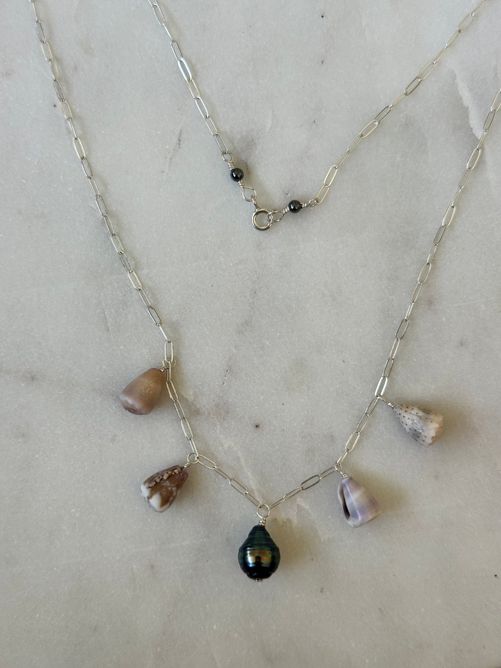 Sterling Silver Necklace with Tahiatian Pearl and Hawaiian Cone Shells