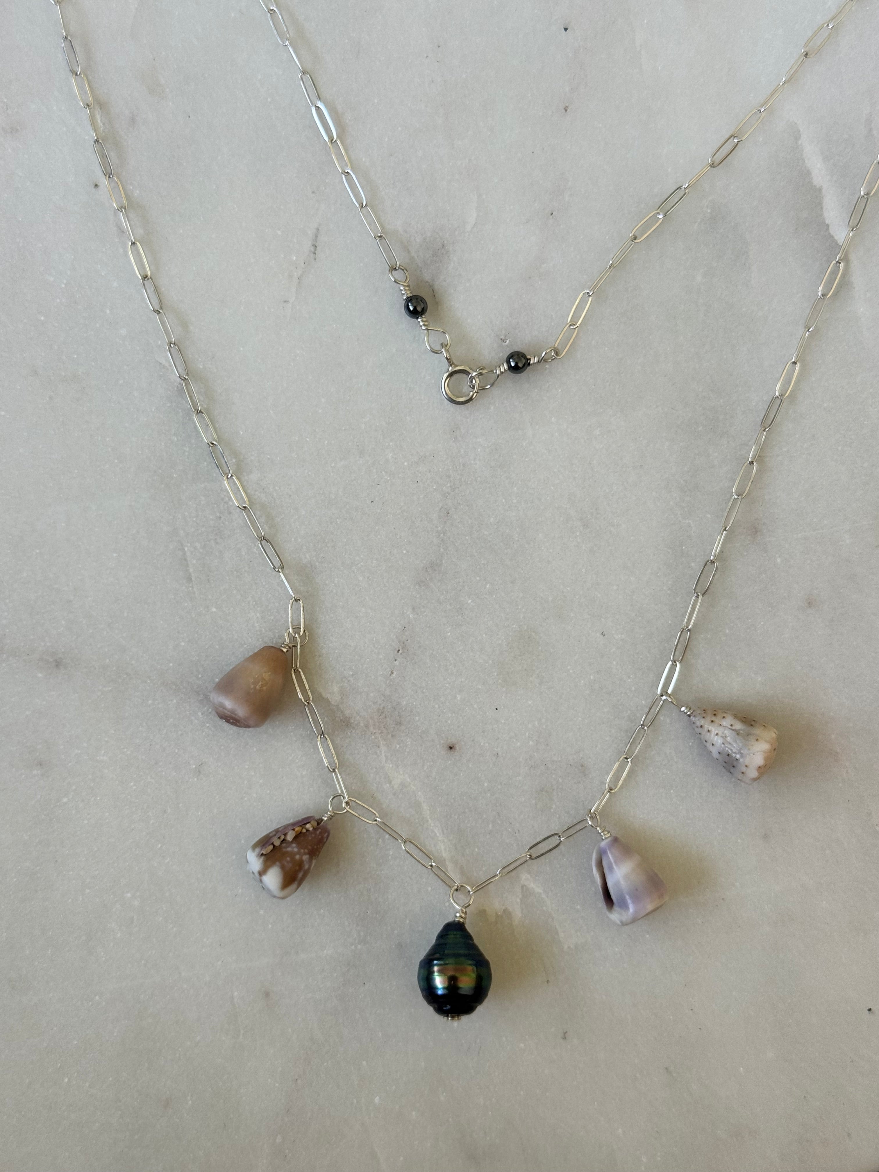 Sterling Silver Necklace with Tahiatian Pearl and Hawaiian Cone Shells