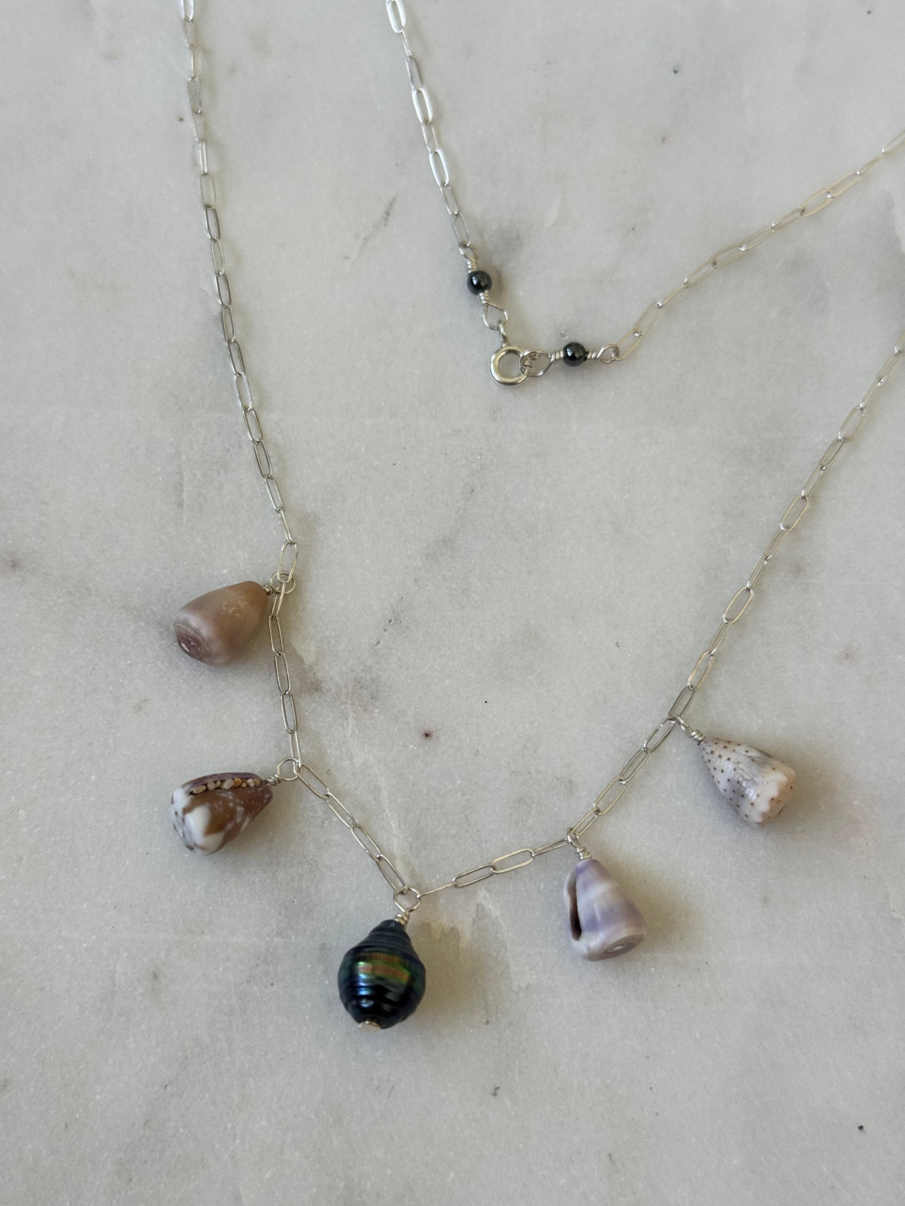 Sterling Silver Necklace with Tahiatian Pearl and Hawaiian Cone Shells