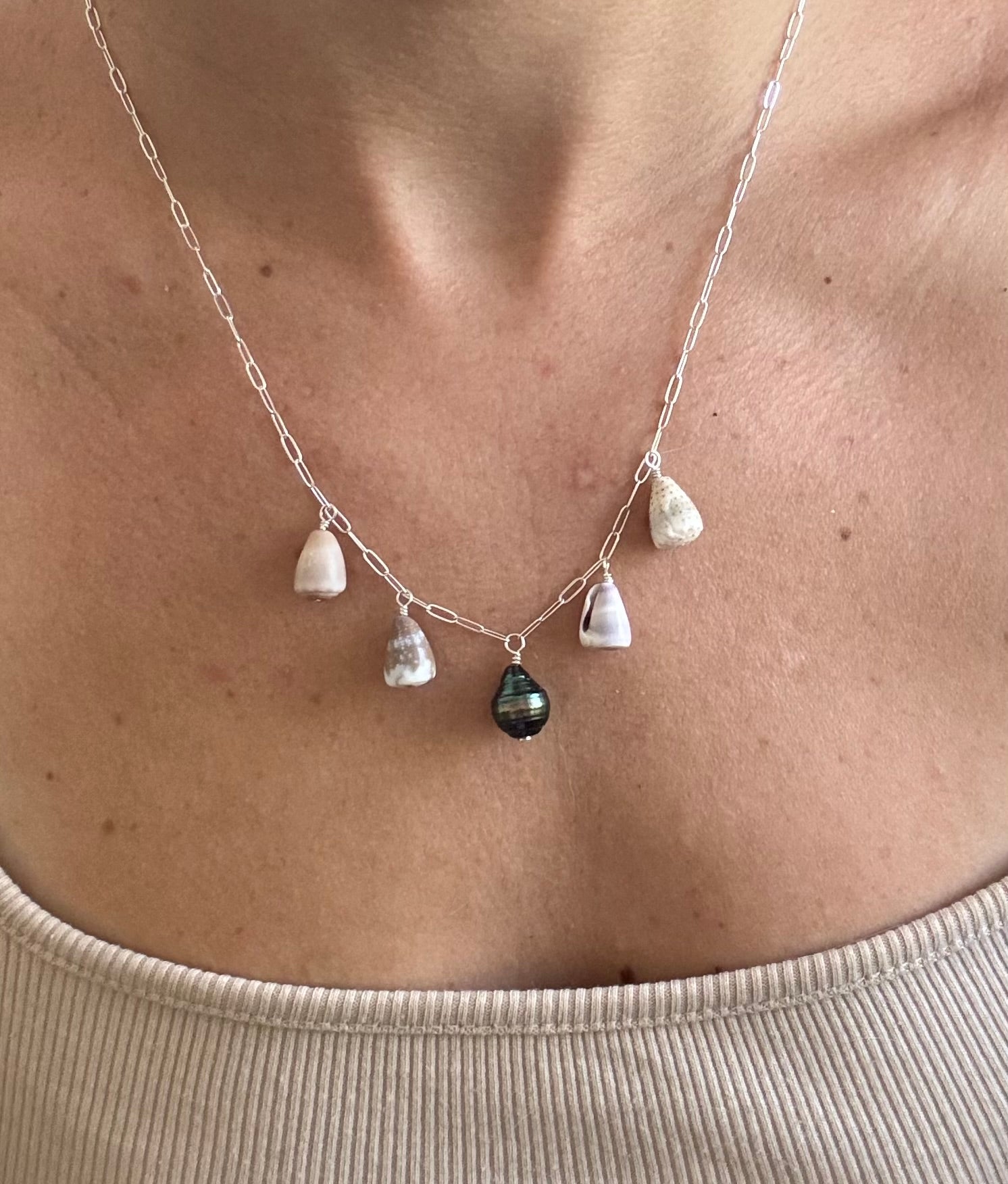 Sterling Silver Necklace with Tahiatian Pearl and Hawaiian Cone Shells
