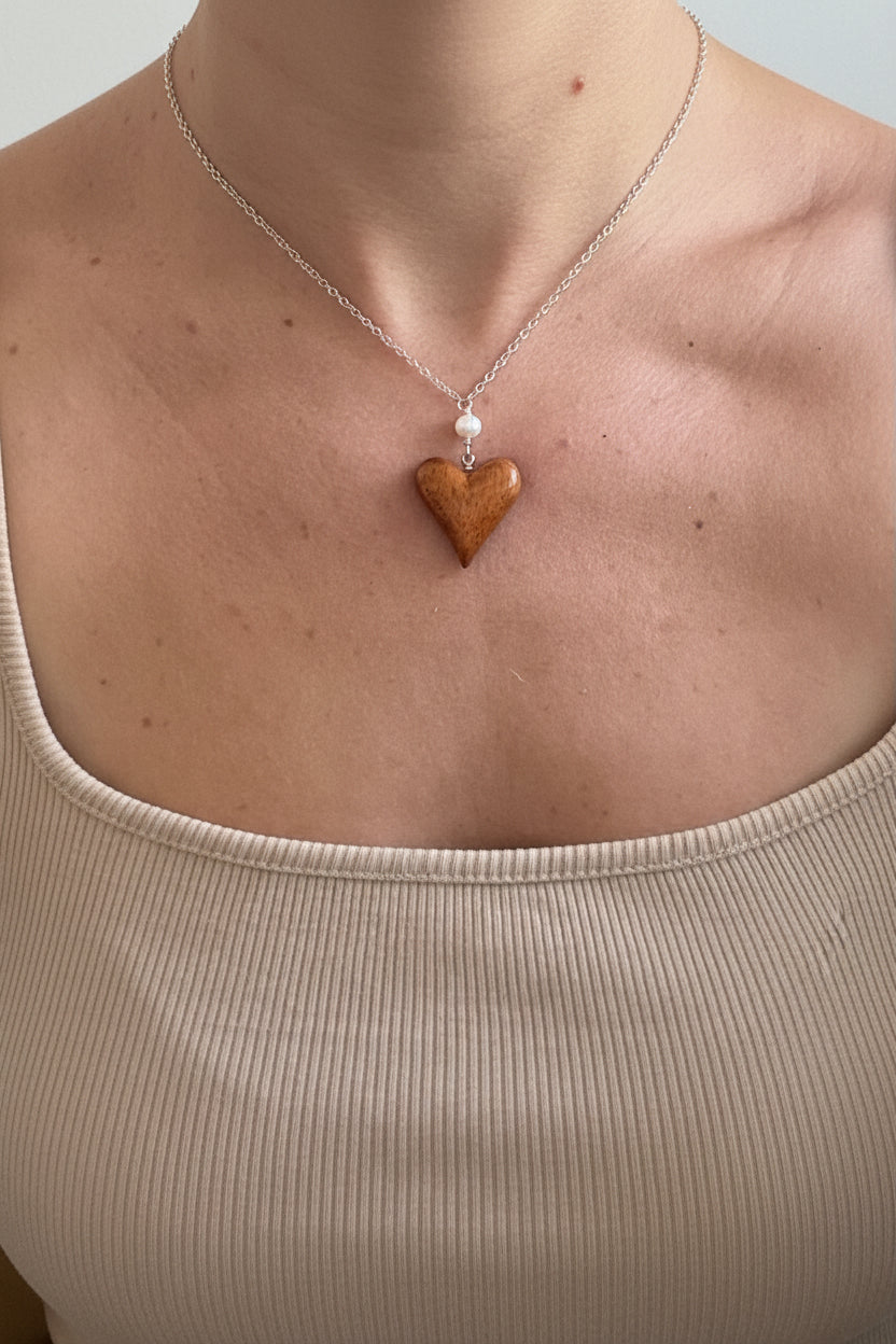 Sterling Silver Koa Wood Heart Necklace - made in Hawaii