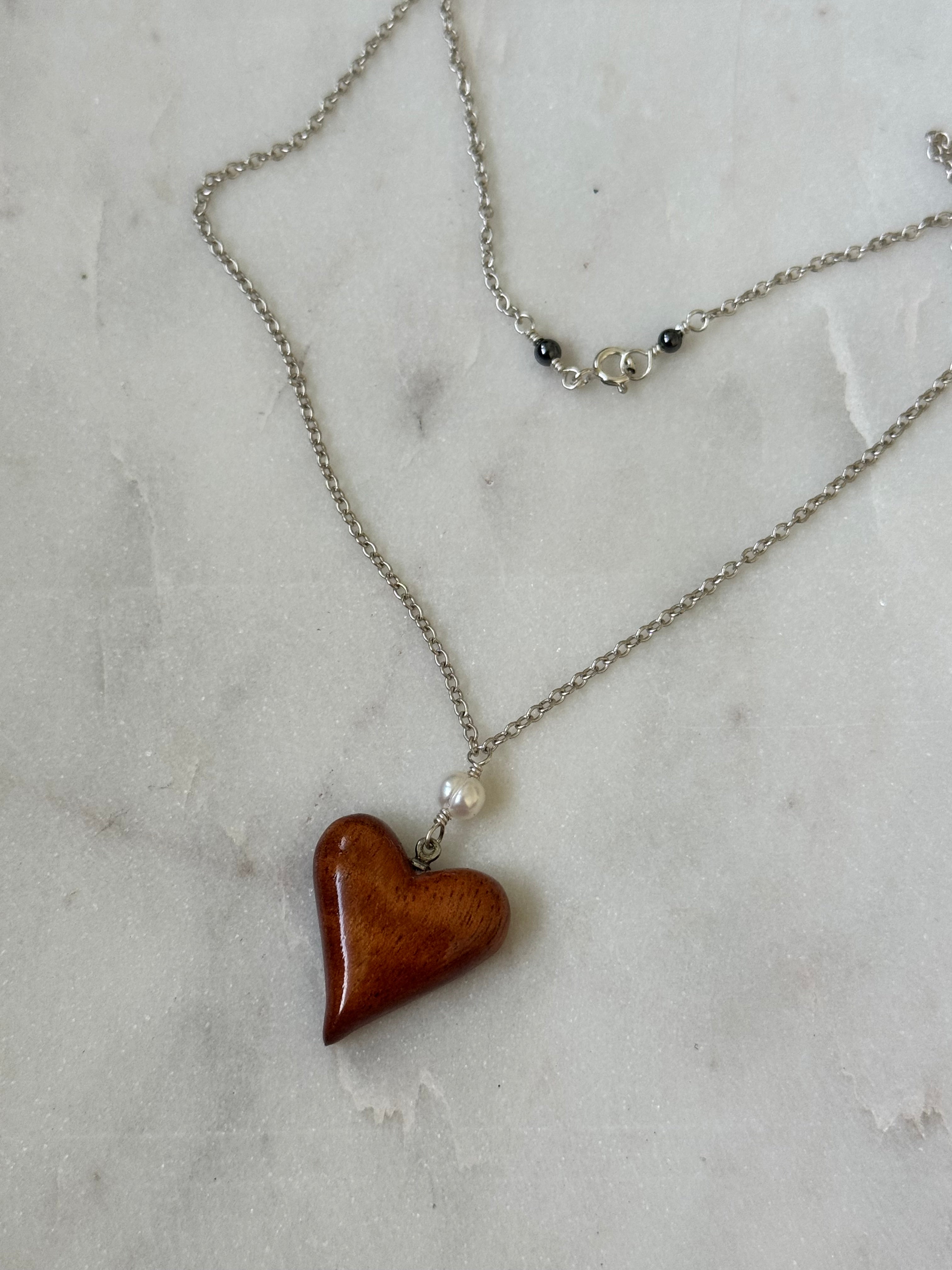 Sterling Silver Koa Wood Heart Necklace - made in Hawaii