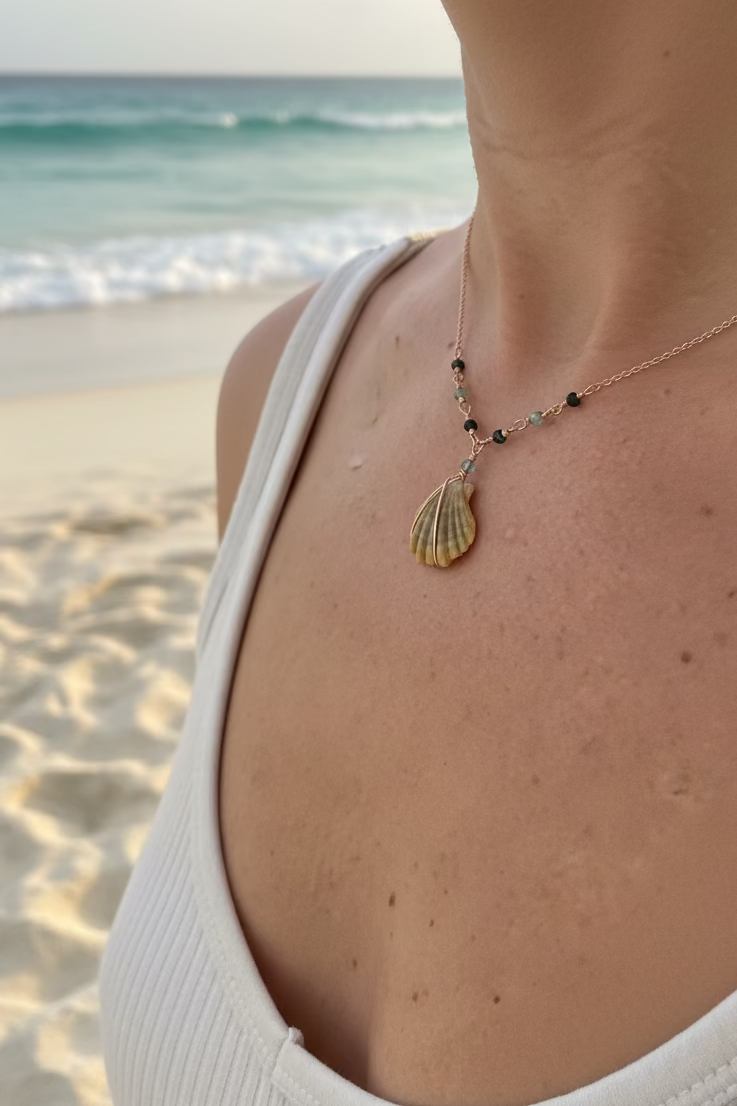 14K GF Hawaiian Sunrise Shell Necklace with Tourmaline Gemstones