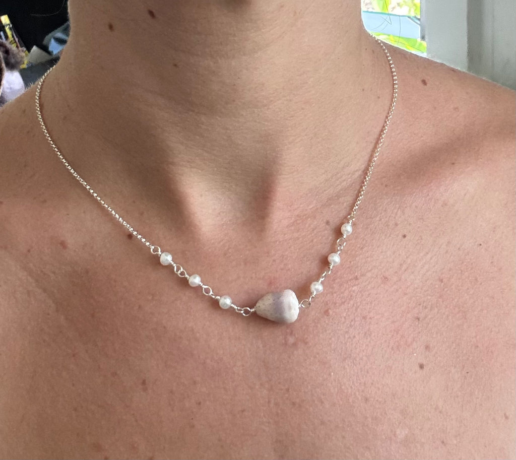 Sterling Silver Necklace with Abbreviated Cone Shell and freshwater pearls - made in Hawaii