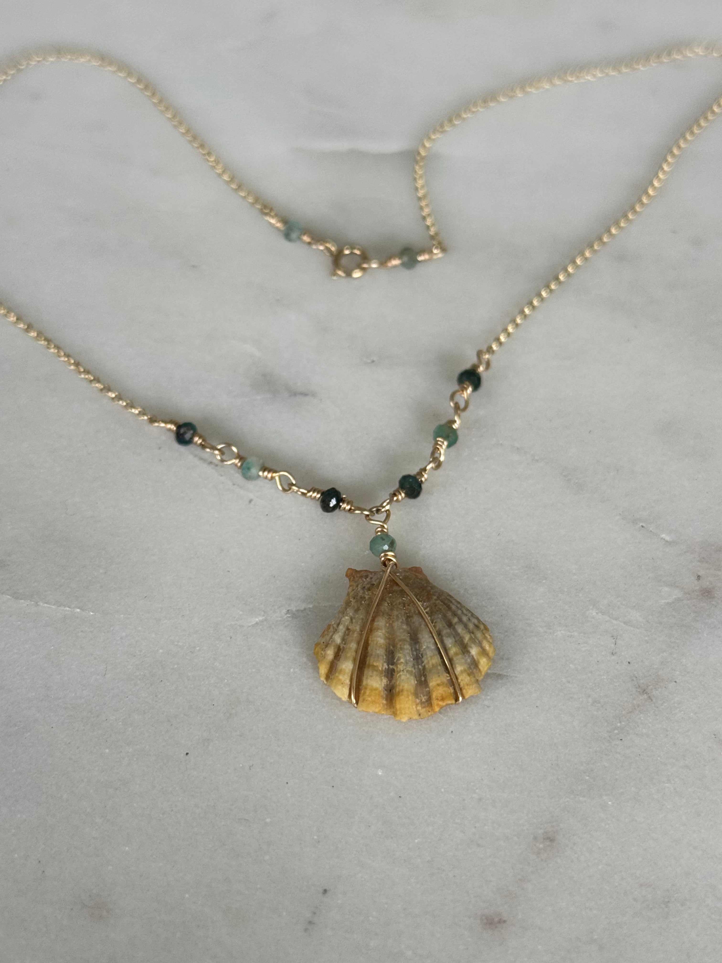 14K GF Hawaiian Sunrise Shell Necklace with Tourmaline Gemstones