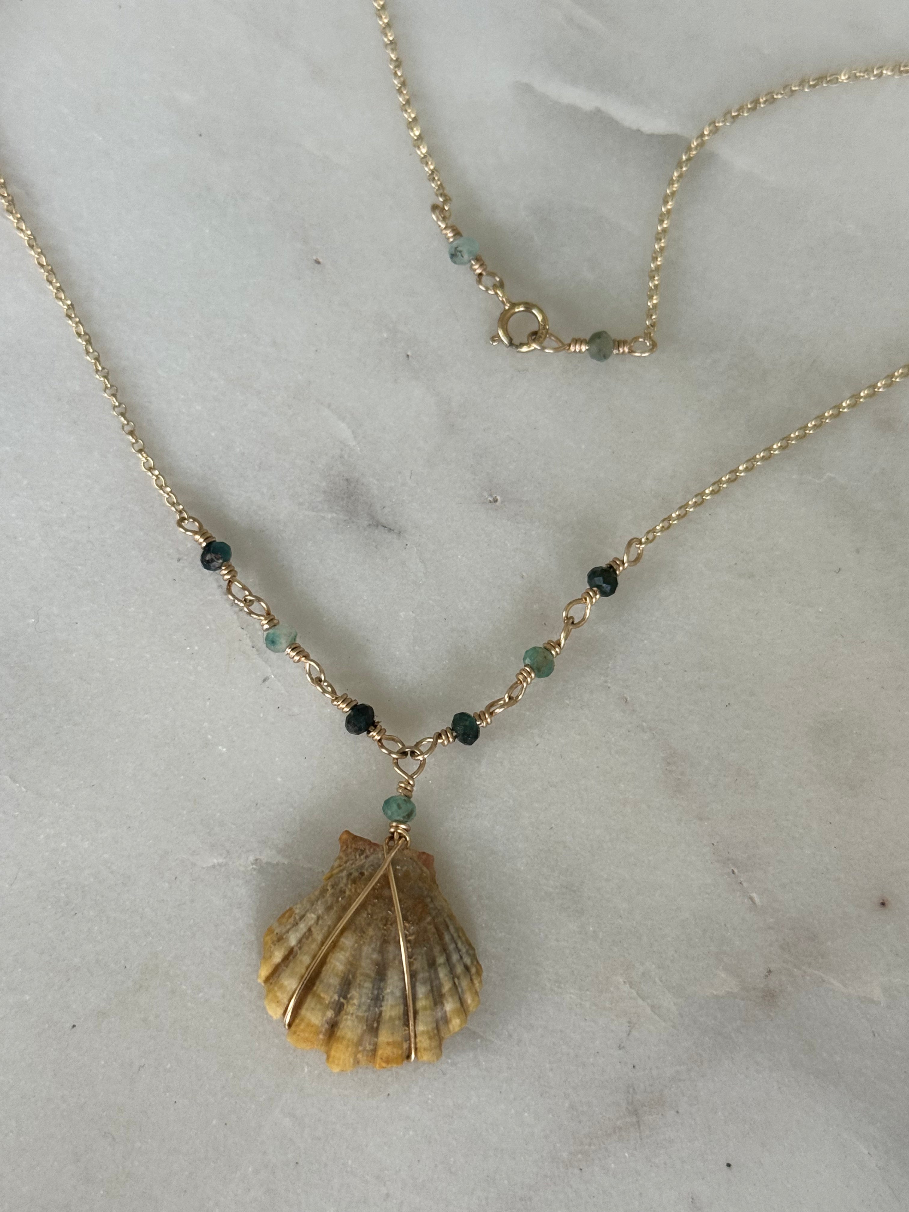 14K GF Hawaiian Sunrise Shell Necklace with Tourmaline Gemstones
