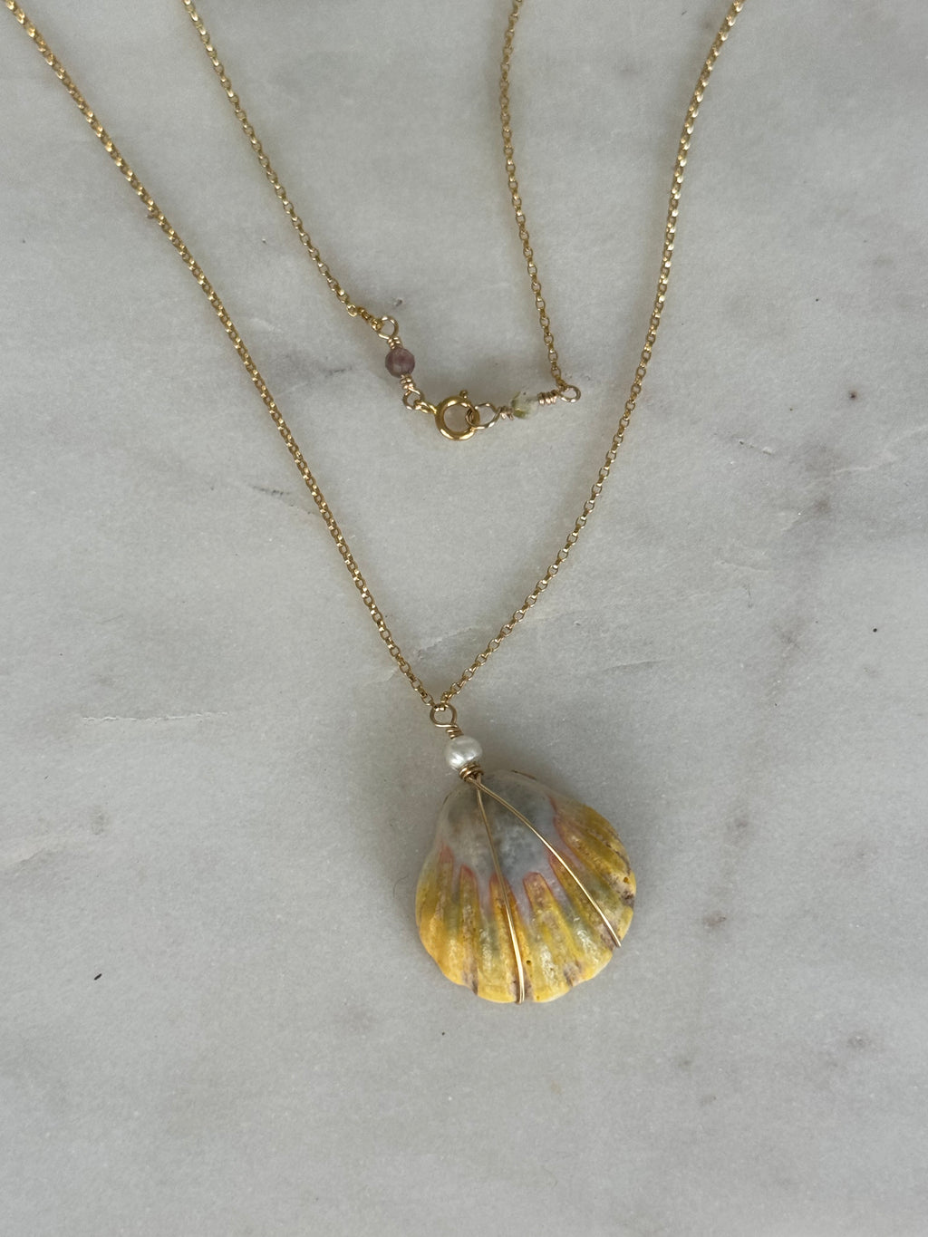 Hawaiian Sunrise Shell Necklace - 14K GF, Freshwater Pearl, Beach Jewelry