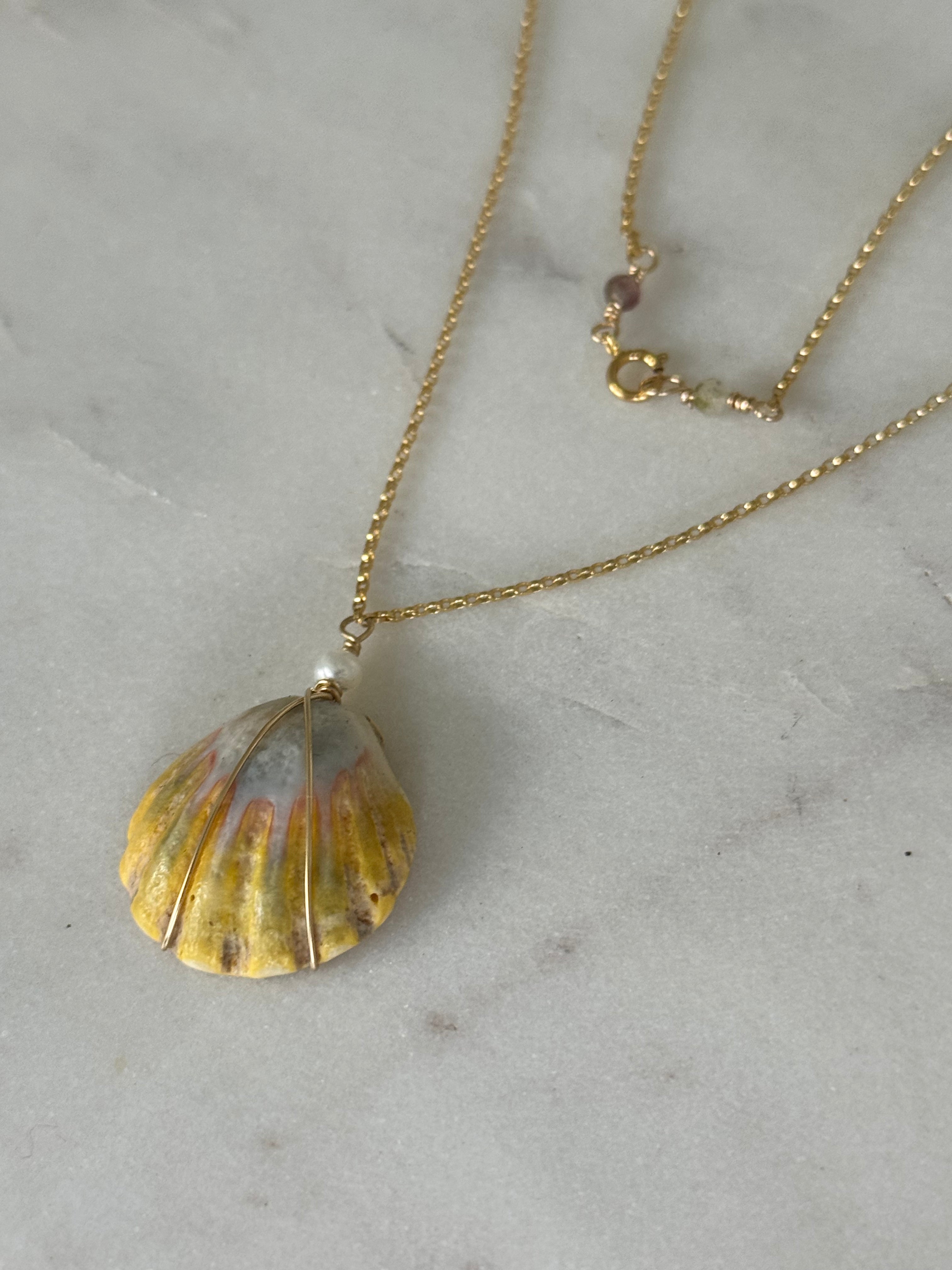 Hawaiian Sunrise Shell Necklace - 14K GF, Freshwater Pearl, Beach Jewelry