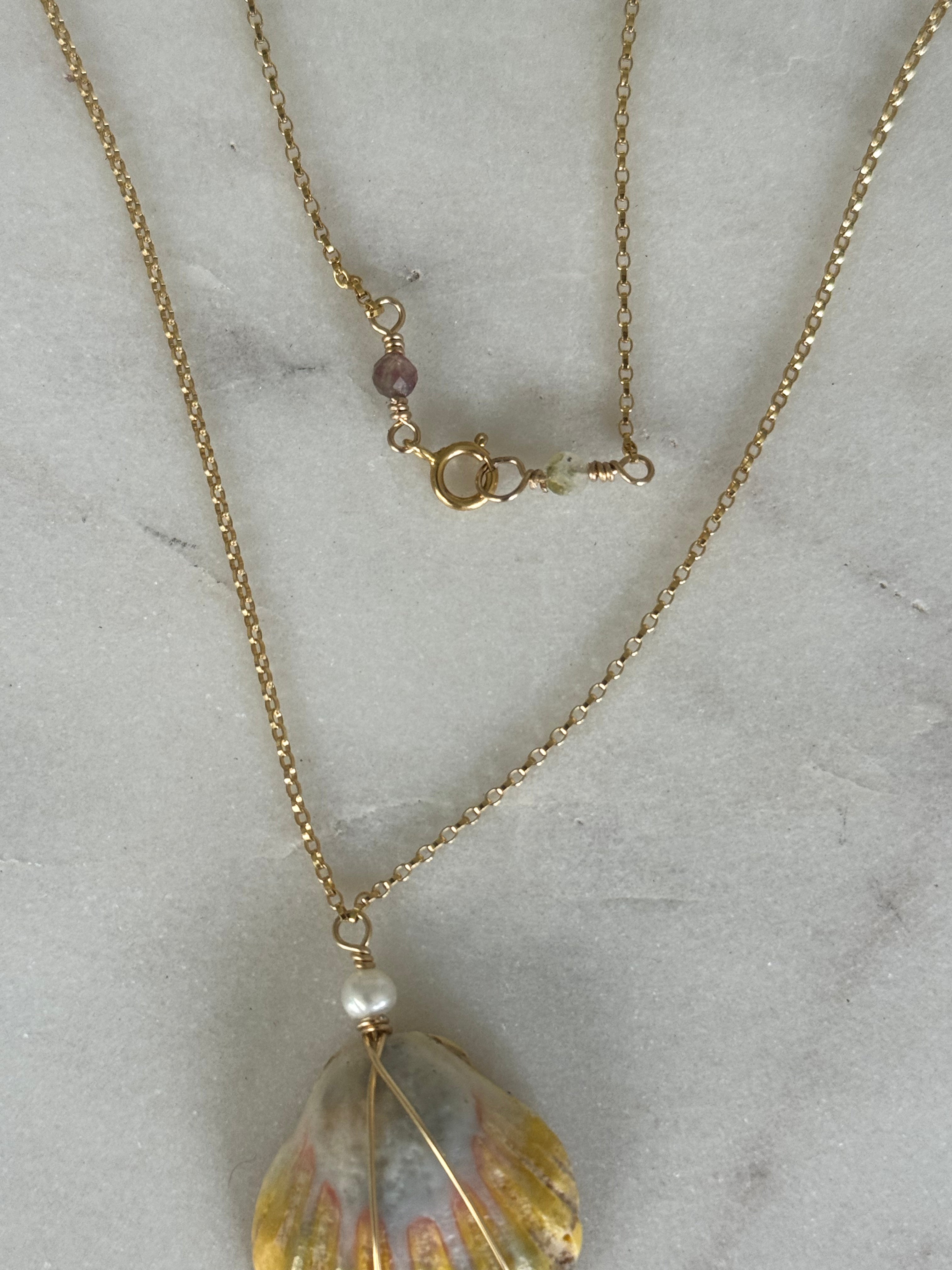 Hawaiian Sunrise Shell Necklace - 14K GF, Freshwater Pearl, Beach Jewelry