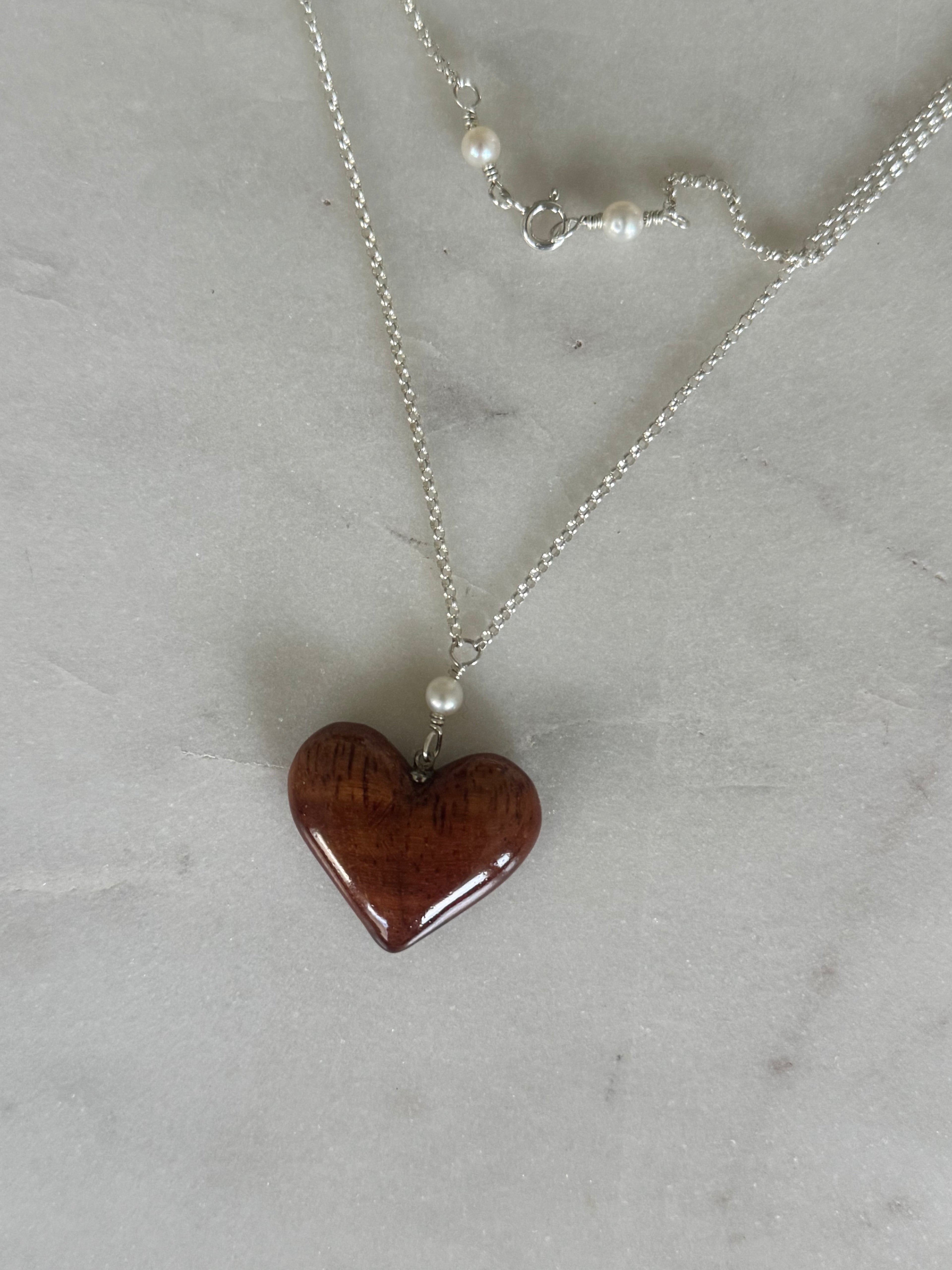 Sterling Silver Koa Wood Heart Necklace - made in Hawaii
