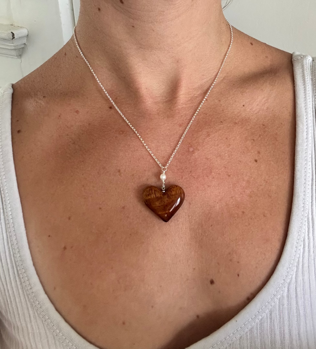 Sterling Silver Koa Wood Heart Necklace - made in Hawaii