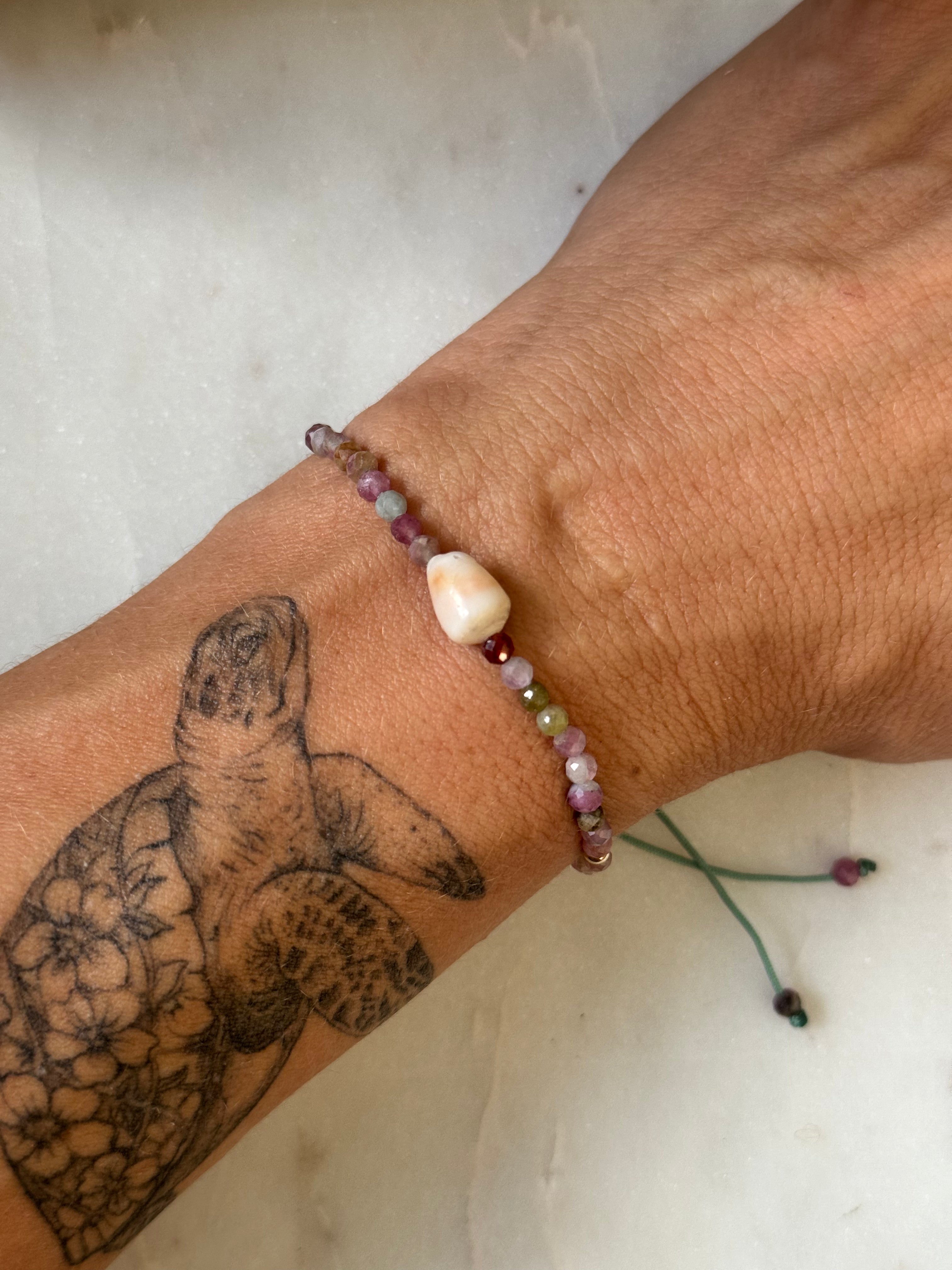Tourmaline Gemstone Bracelet with centered Cone shell and 14K GF beads - adjustable and waterproof