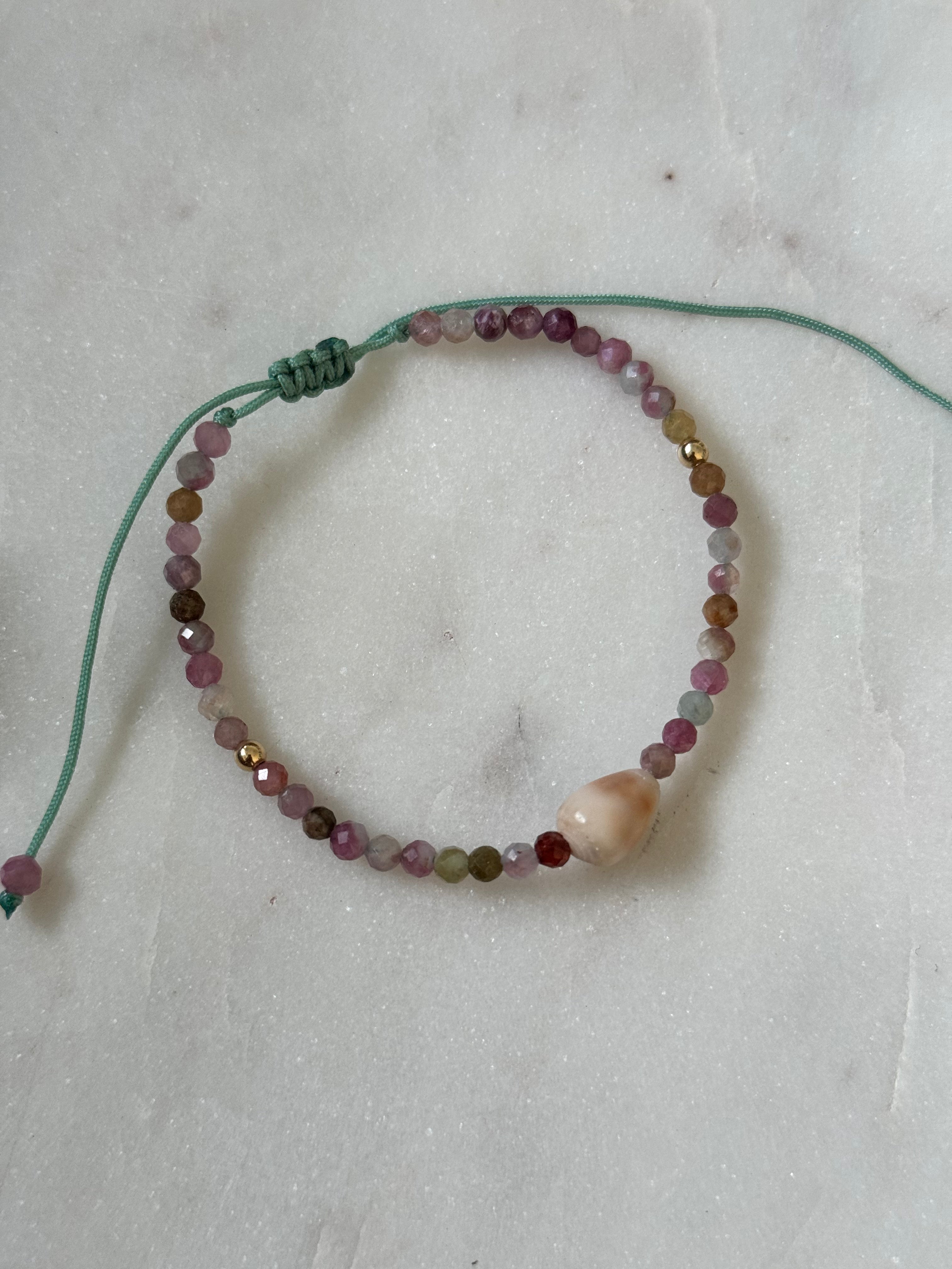 Tourmaline Gemstone Bracelet with centered Cone shell and 14K GF beads - adjustable and waterproof