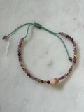 Tourmaline Gemstone Bracelet with centered Cone shell and 14K GF beads - adjustable and waterproof