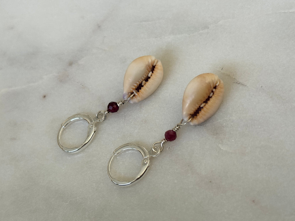 Pink Cowrie Shell Huggies - Sterling Silver - made in Hawaii - Beach Jewelry - Shell Earrings