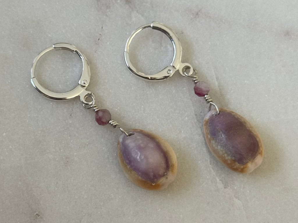 Pink Cowrie Shell Huggies - Sterling Silver - made in Hawaii - Beach Jewelry - Shell Earrings