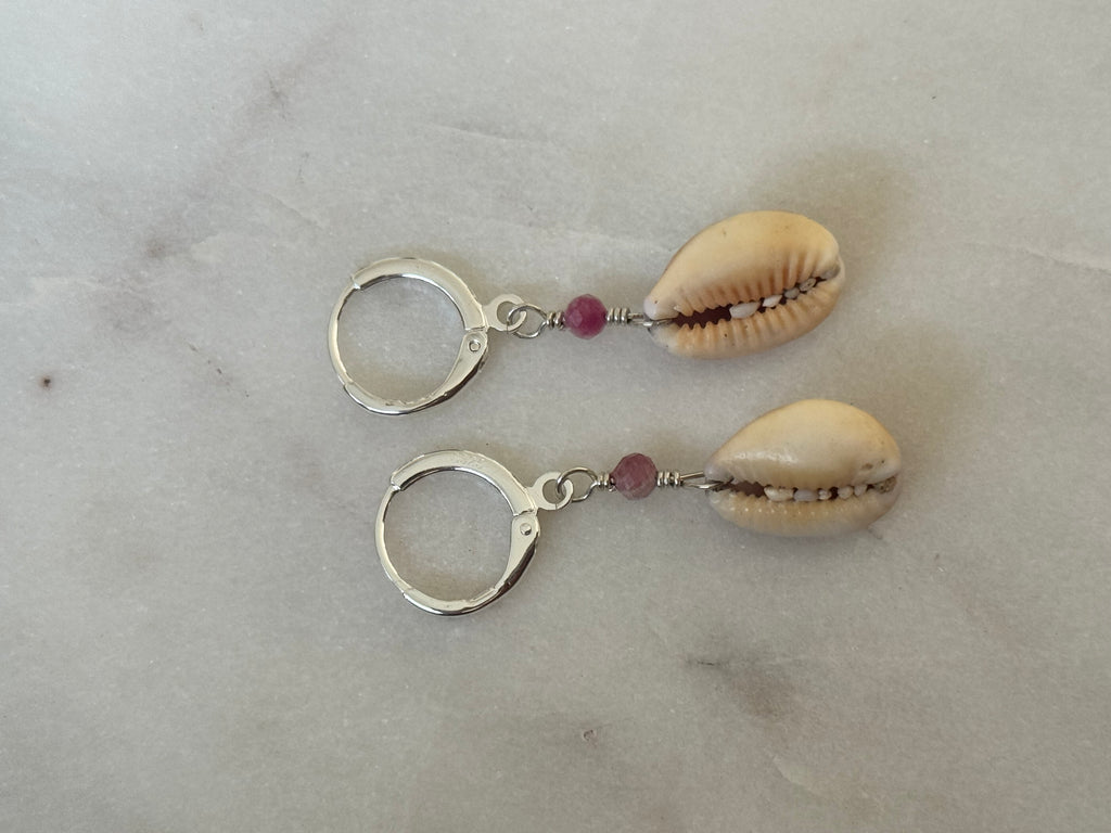 Pink Cowrie Shell Huggies - Sterling Silver - made in Hawaii - Beach Jewelry - Shell Earrings