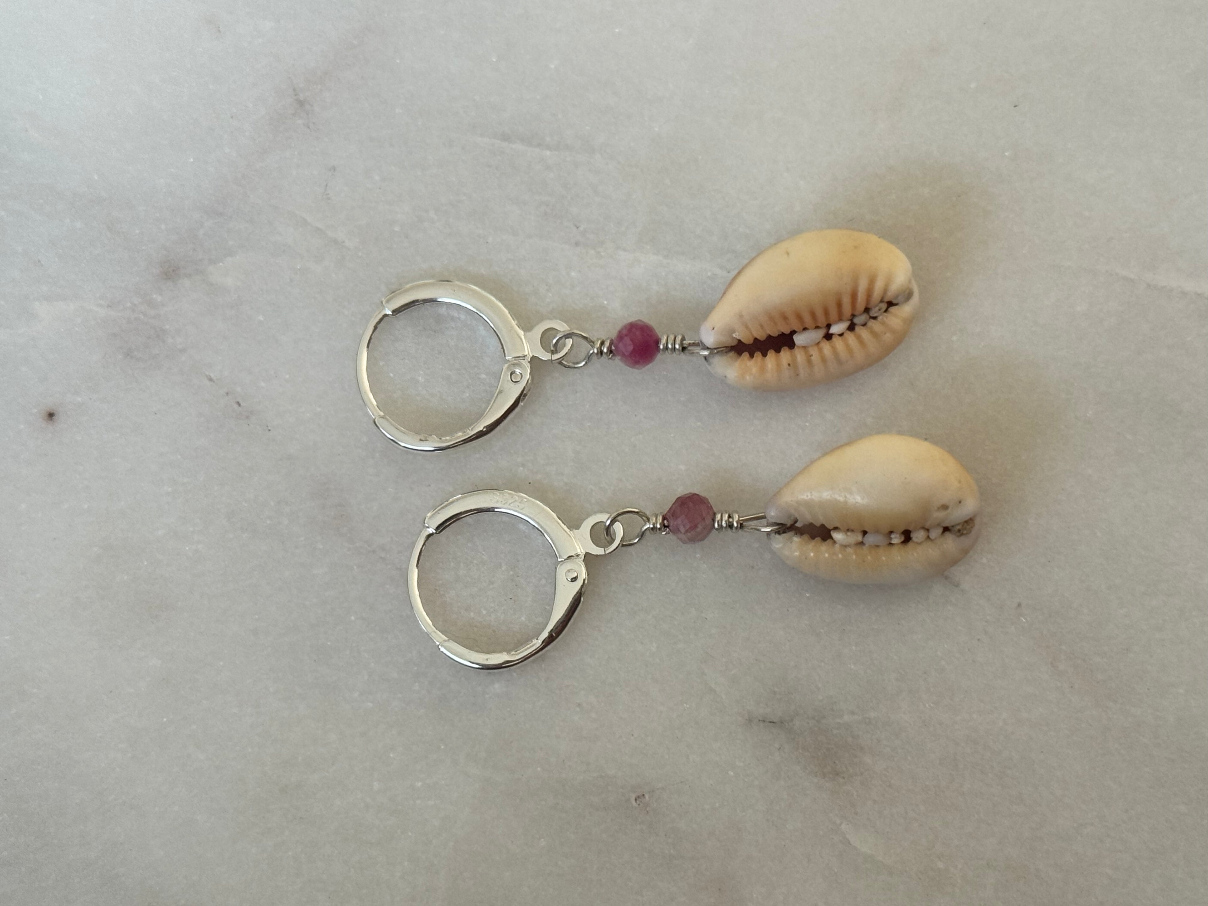 Pink Cowrie Shell Huggies - Sterling Silver - made in Hawaii - Beach Jewelry - Shell Earrings