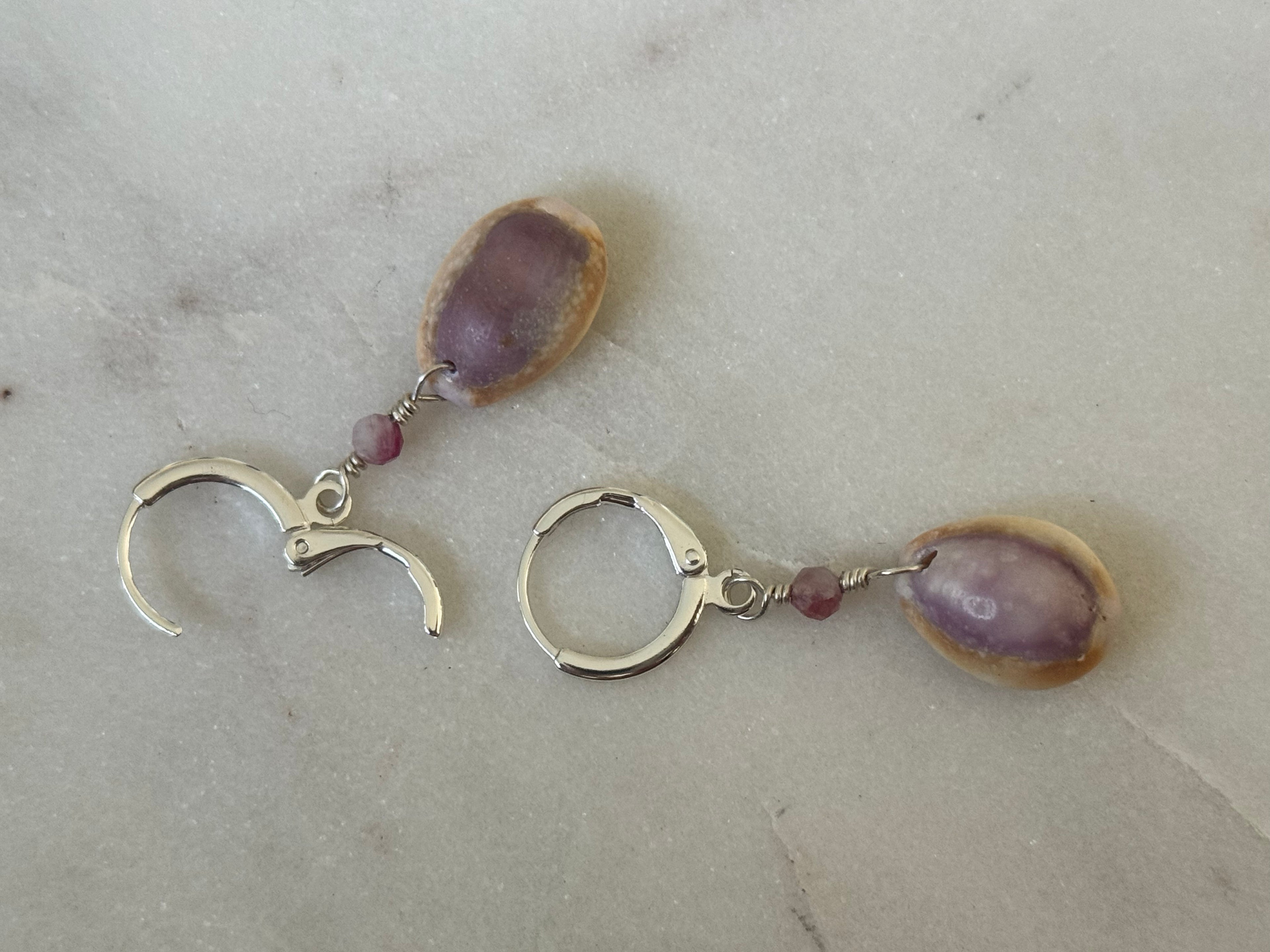 Pink Cowrie Shell Huggies - Sterling Silver - made in Hawaii - Beach Jewelry - Shell Earrings