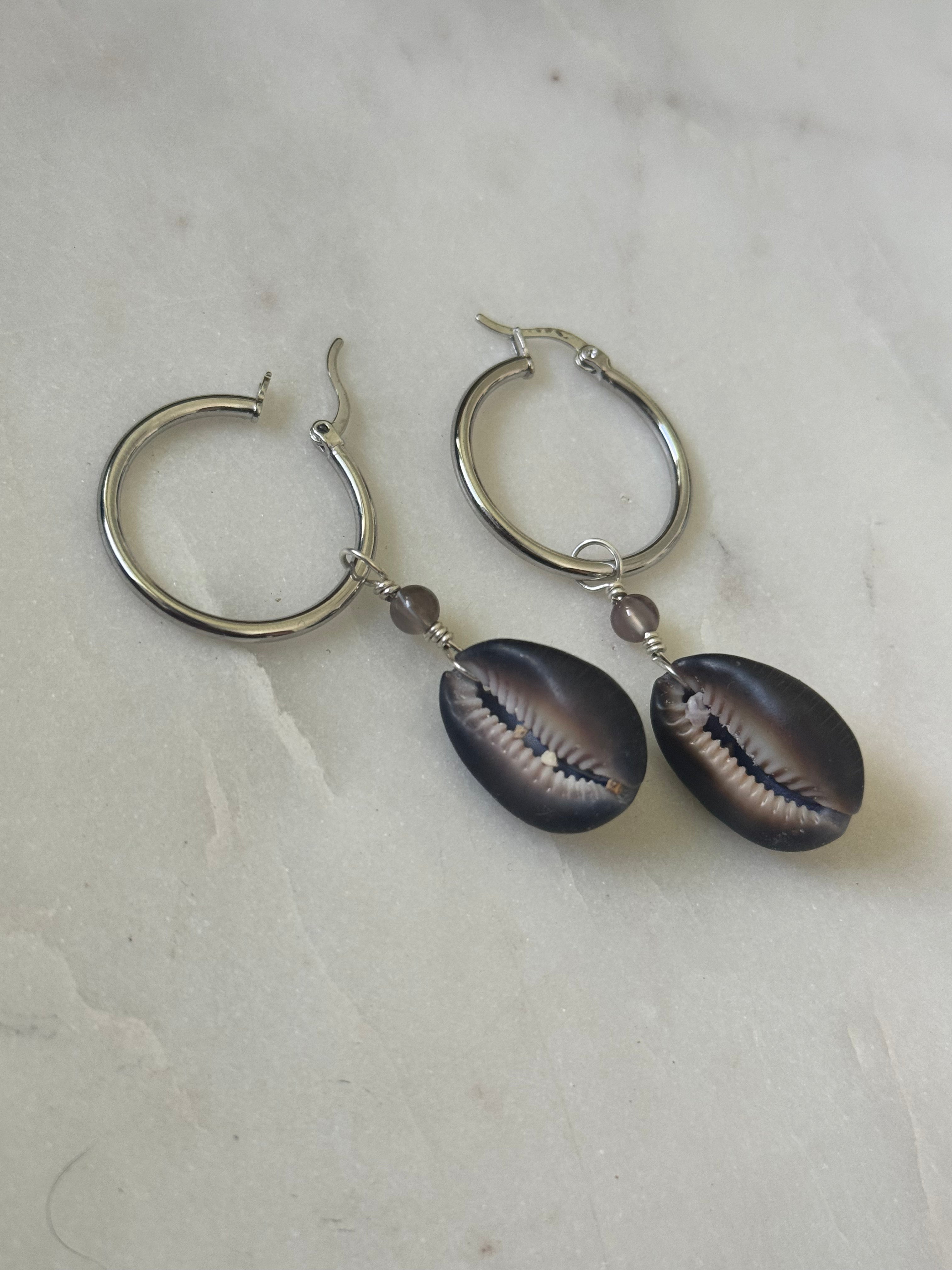 Sterling Silver Cowrie Shell Hoop Earrings - handmade in Hawaii - Beach Jewelry