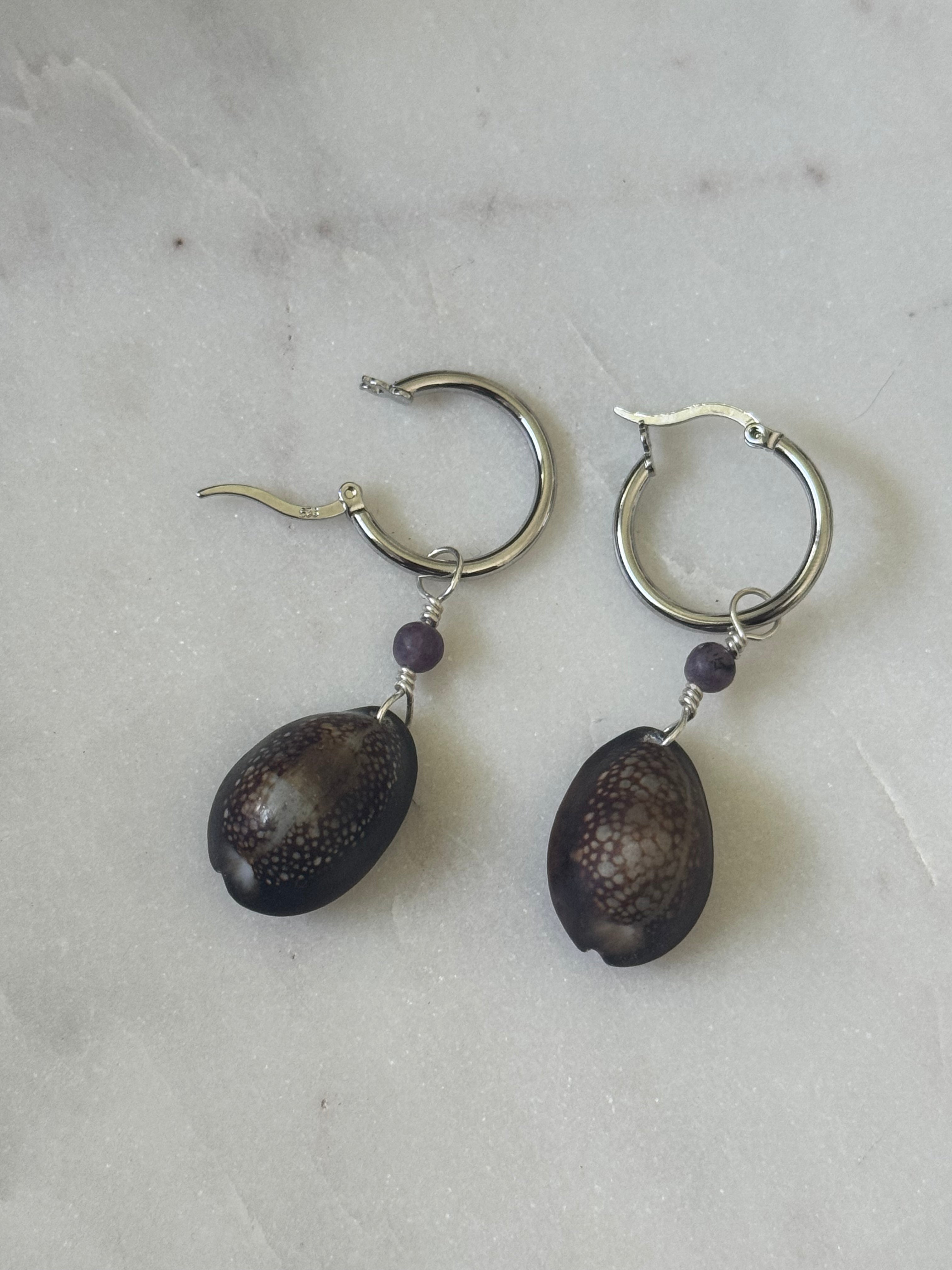Sterling Silver Cowrie Shell Hoop Earrings - handmade in Hawaii - Beach Jewelry