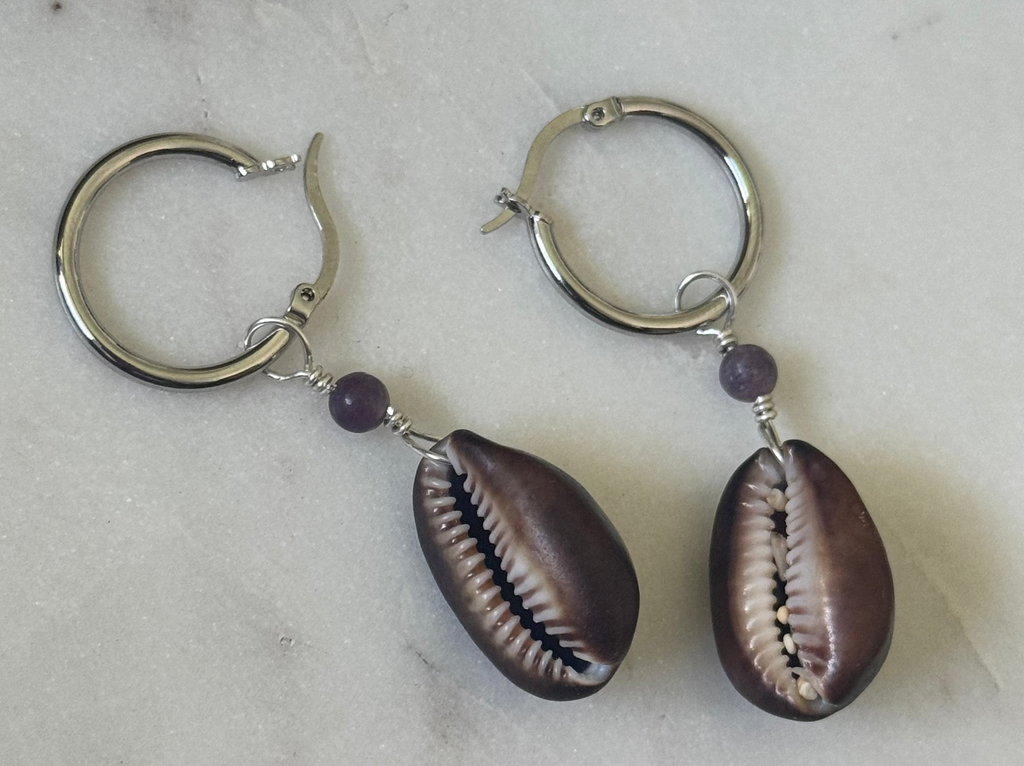 Sterling Silver Cowrie Shell Hoop Earrings - handmade in Hawaii - Beach Jewelry