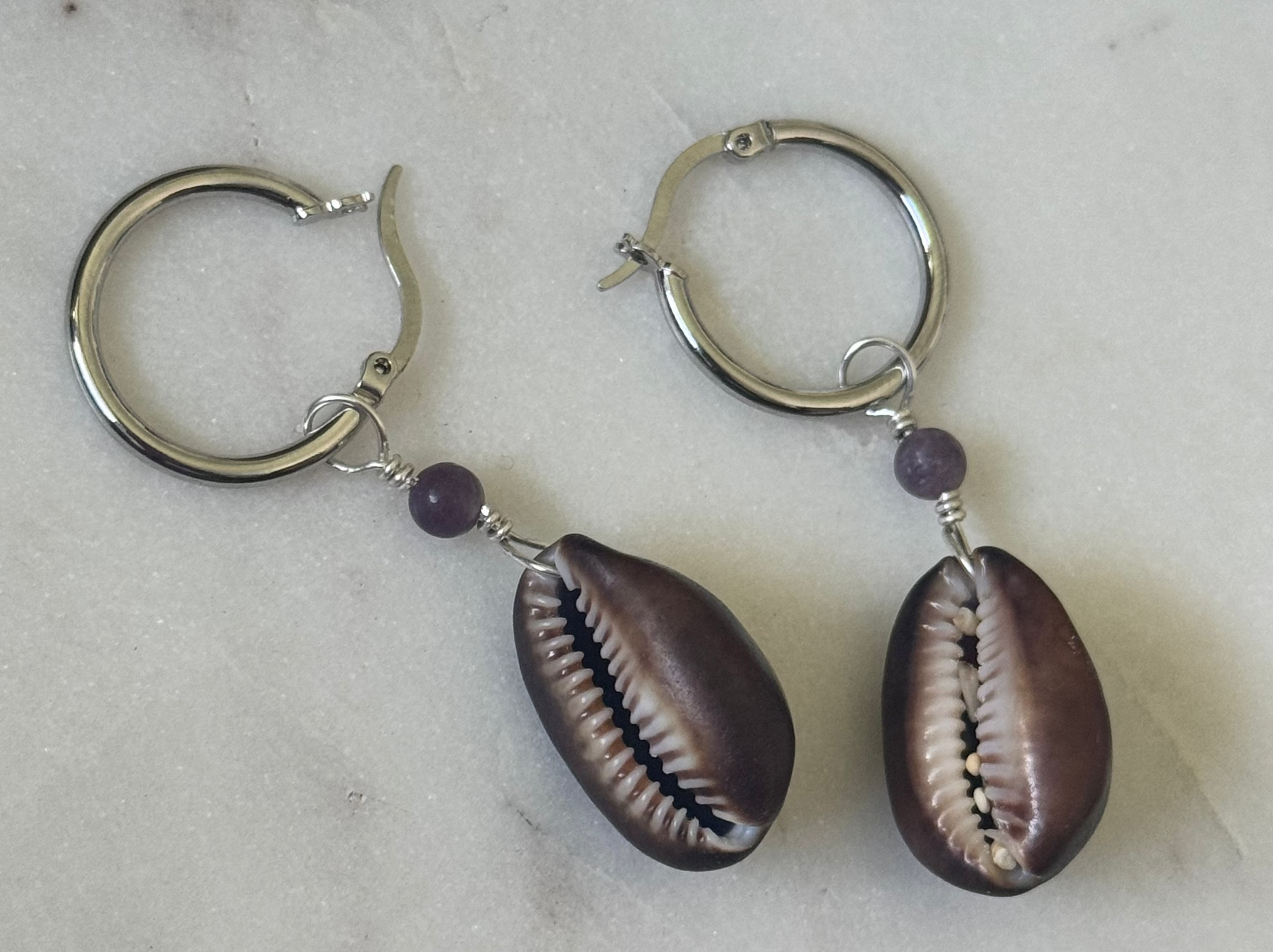 Sterling Silver Cowrie Shell Hoop Earrings - handmade in Hawaii - Beach Jewelry