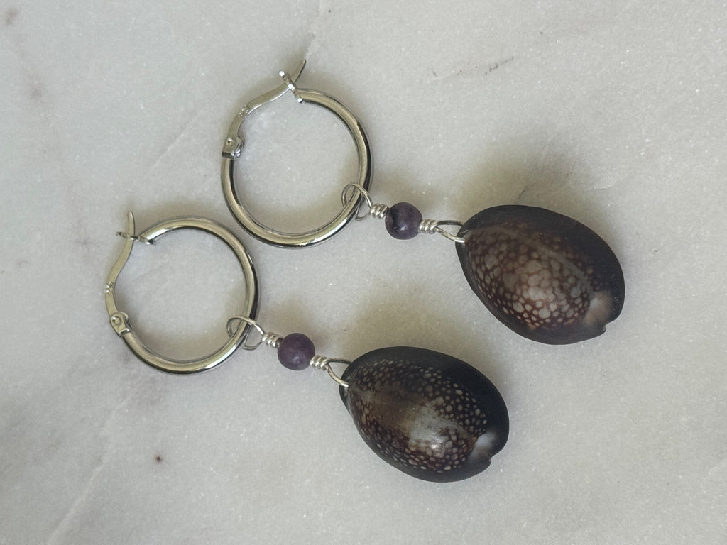Sterling Silver Cowrie Shell Hoop Earrings - handmade in Hawaii - Beach Jewelry