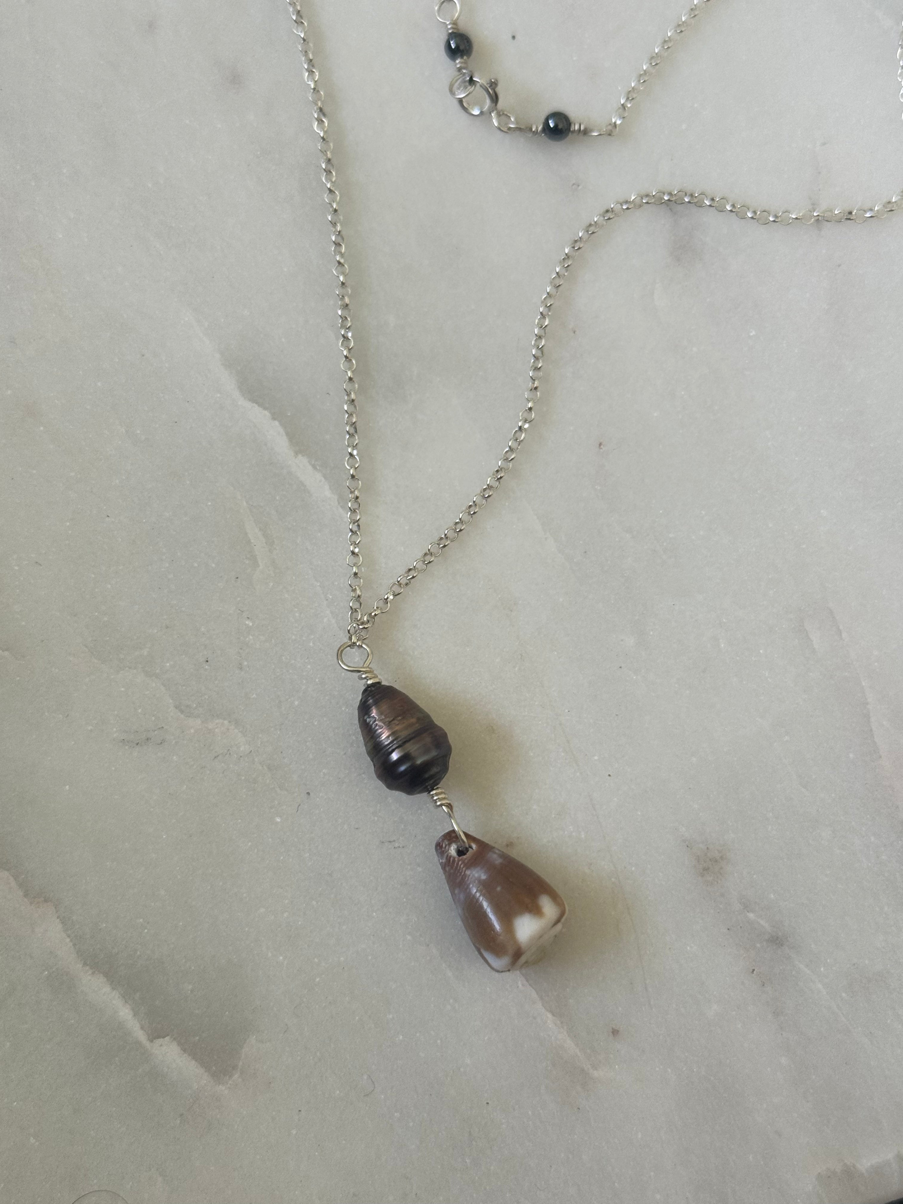Sterling Silver Cone Shell Necklace with Tahitian pearl - Beach Jewelry - handmade in Hawaii