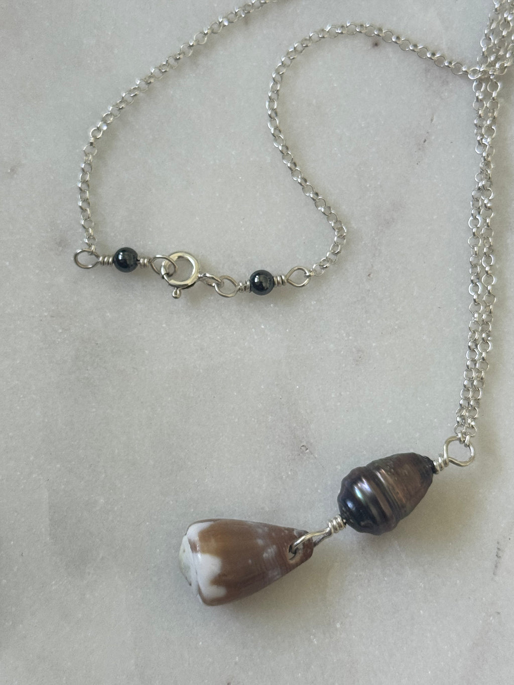Sterling Silver Cone Shell Necklace with Tahitian pearl - Beach Jewelry - handmade in Hawaii